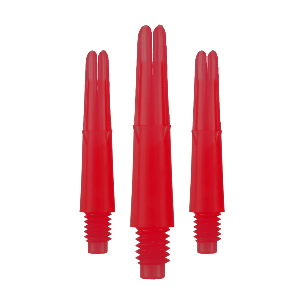 Ejes en L bloqueados rectos estilo L - Rojo Das Bild zeigt drei rote, gerade Dartschäfte mit Gewinde unten. Sie sind ohne Kappen und haben eine Länge von 26 mm.