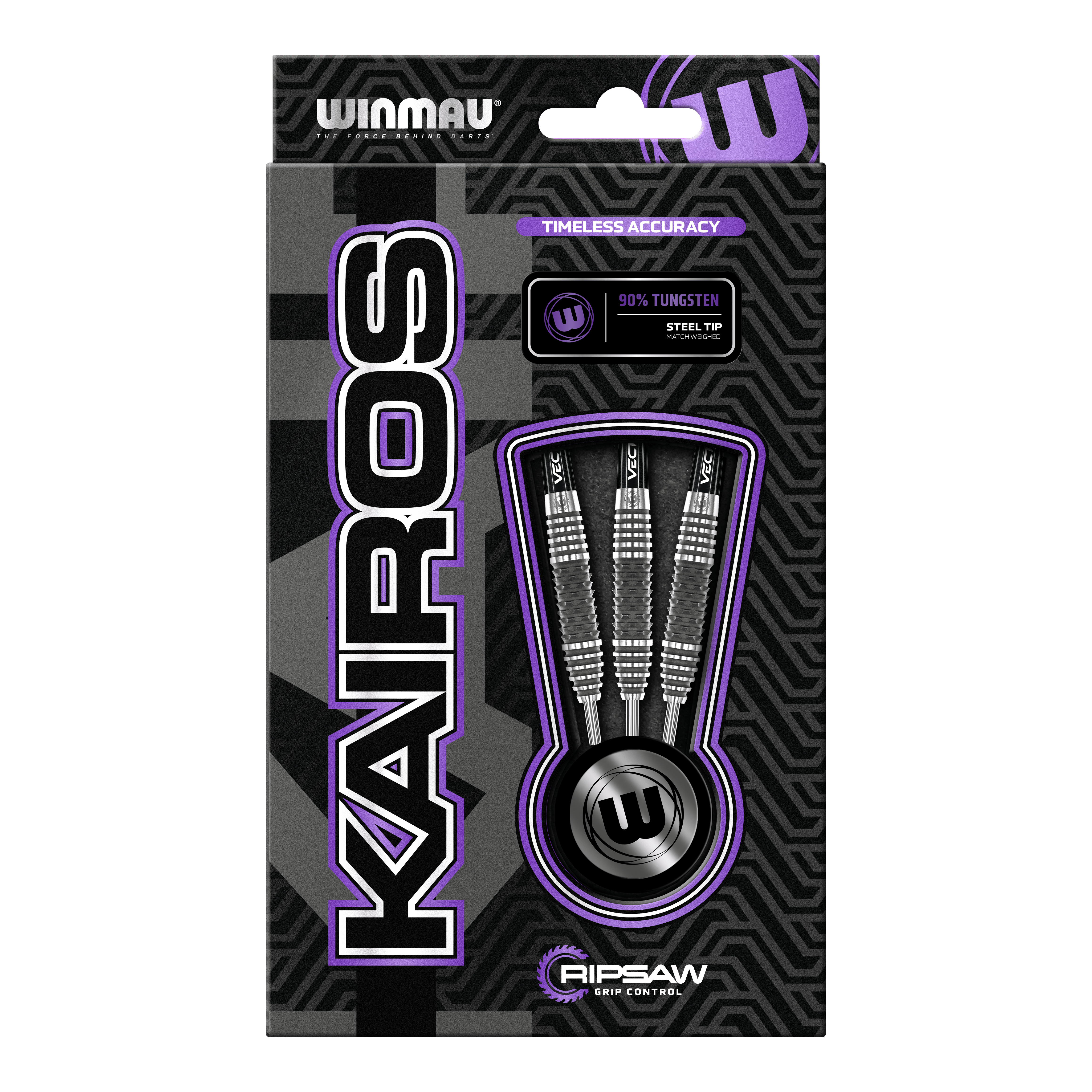 Dardos de acero Winmau Kairos 01 Die Abbildung zeigt die Verpackung der "Winmau Kairos 01 Steeldarts". In der Verpackung sind drei hochwertige Steeldarts mit 90% Tungsten-Anteil zu sehen.