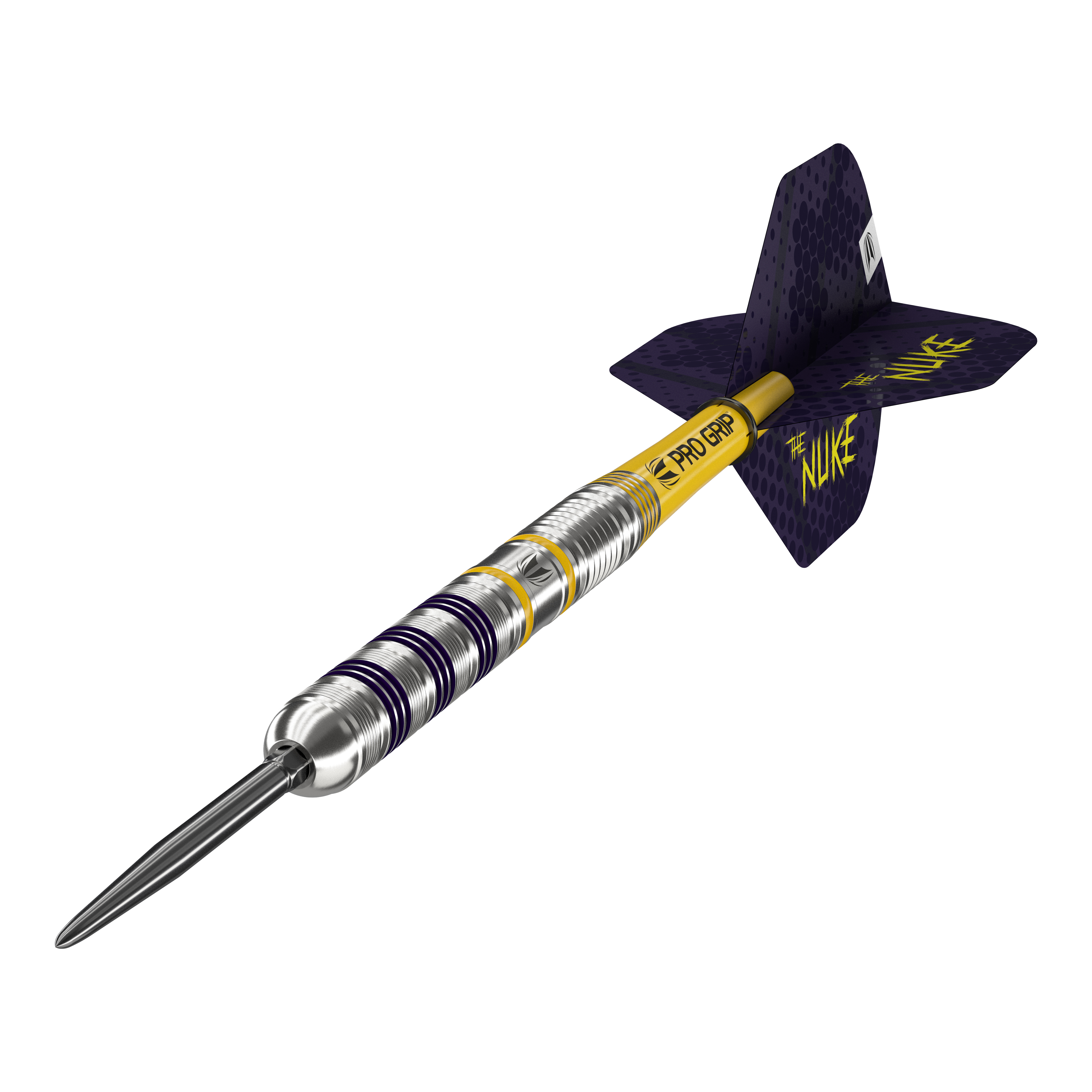 Dardos de acero Target Luke Littler Loadout Swiss Point Der Bild zeigt einen Target Luke Littler Loadout Swiss Point Steeldart. Der Dartpfeil hat ein silbernes Barrel mit gelben und lila Akzenten sowie einem gelben Schaft und lila Flight, auf dem "The Nuke" steht.