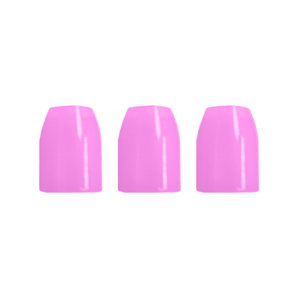 LSF8_L-Style_Champagne-Ringe_Pink_2 Das Bild zeigt drei nebeneinander stehende künstliche Fingernägel. Sie sind alle in einem glänzenden Pink lackiert.
