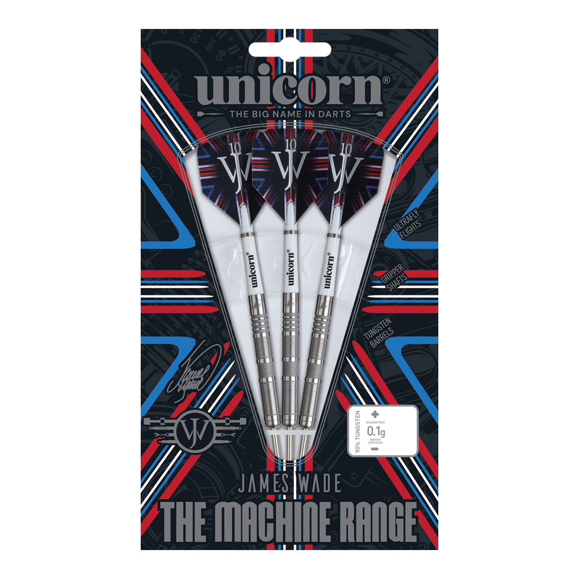 Dardos de acero Unicorn James Wade The Machine Range Phase 4 Das Bild zeigt eine Packung Steeldarts der Marke "Unicorn" aus der James Wade The Machine Range Phase 4. Die drei silbernen Darts sind in einer auffällig gestalteten Verpackung mit roten, blauen und weißen Akzenten präsentiert.