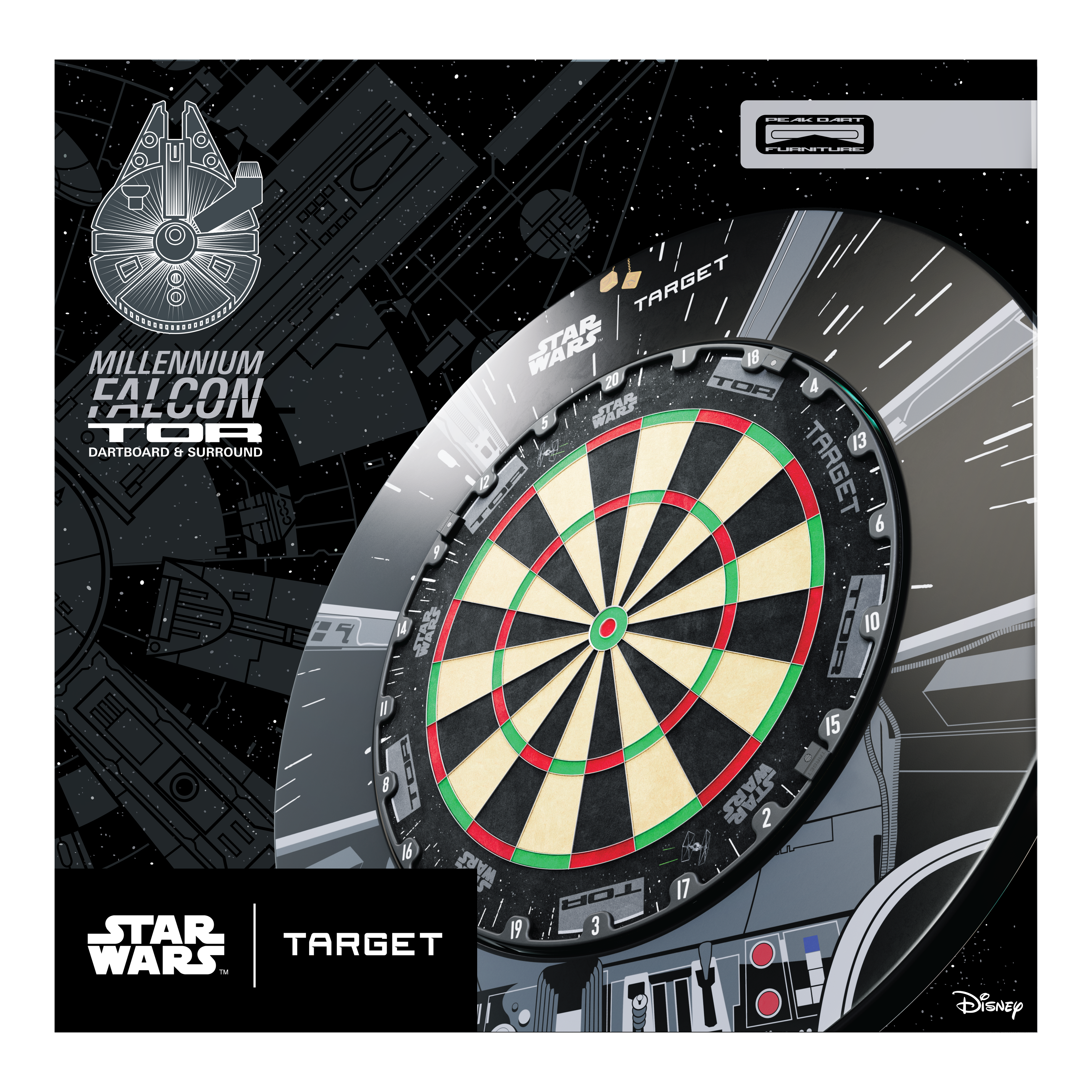 Paquete de dardos Target Star Wars Millennium Falcon TOR Auf dem Bild ist das Target Star Wars Millennium Falcon Surround Board Bundle zu sehen. Das Produkt richtet sich an Fans von Star Wars und Darts.