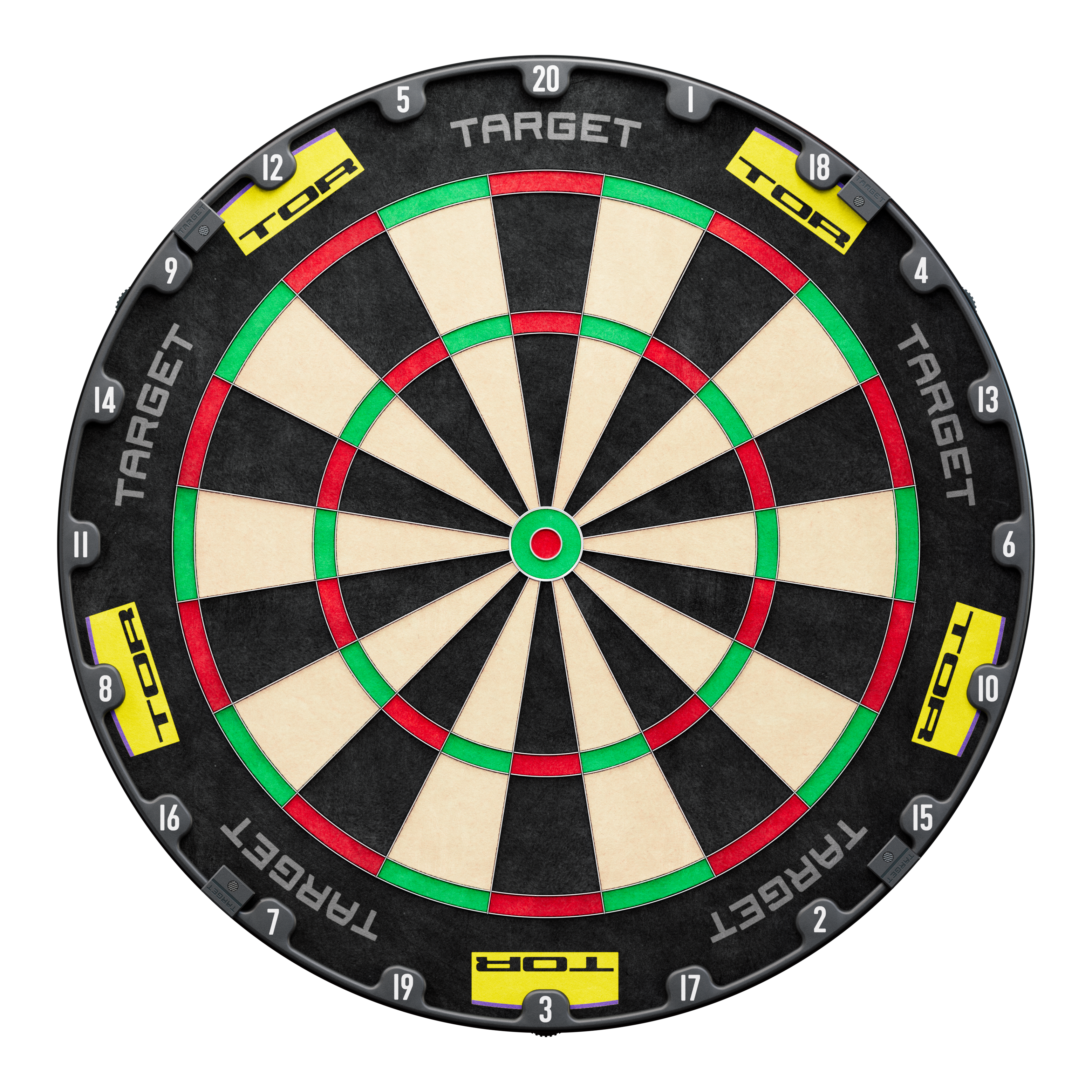 Das Bild zeigt ein Dartboard-Set mit dem Namen "Target Luke Littler World Champion 2025 Surround Tor Steeldartboard Bundle". Das Board hat eine schwarze Umrandung mit den Aufschriften "TARGET" und "TOR".