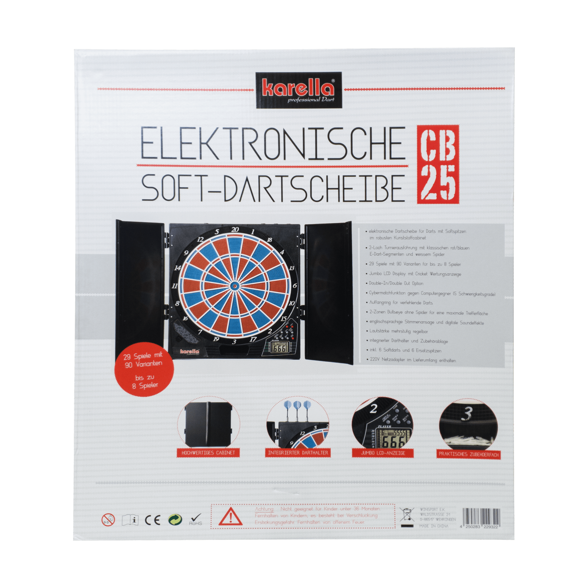 Diana electrónica CB 25 versión torneo Die Abbildung zeigt die Verpackung der elektronischen Soft-Dartscheibe CB 25 von Karella. Auf der Vorderseite sind Produktmerkmale und Bilder der Dartscheibe mit Zubehör abgebildet.