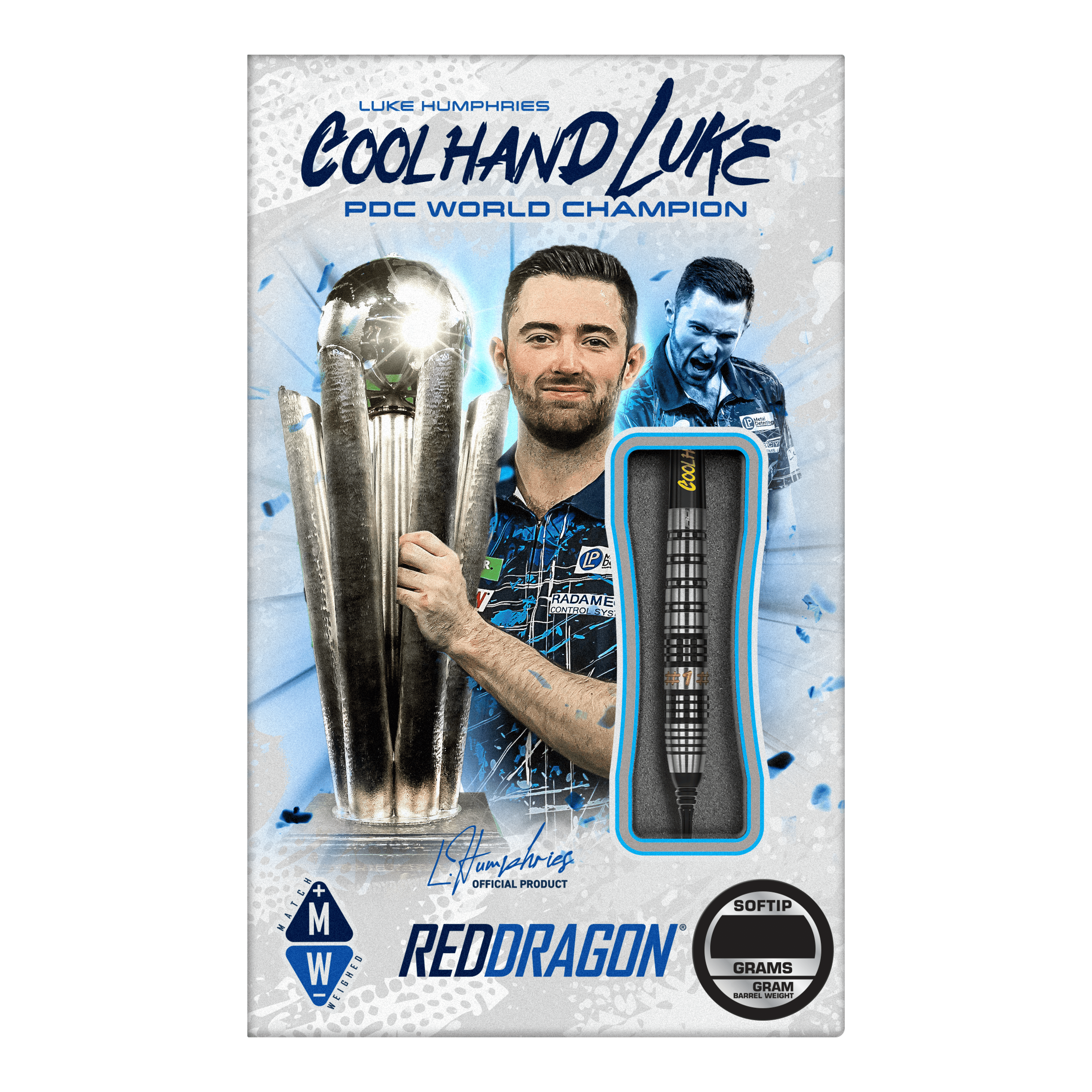 Das Bild zeigt die Verpackung der "Red Dragon Luke Humphries Prestige Softdarts - 20g". Auf der Verpackung ist ein Foto von Luke Humphries mit einem Pokal zu sehen, sowie ein einzelner Dartpfeil als Produktabbildung.