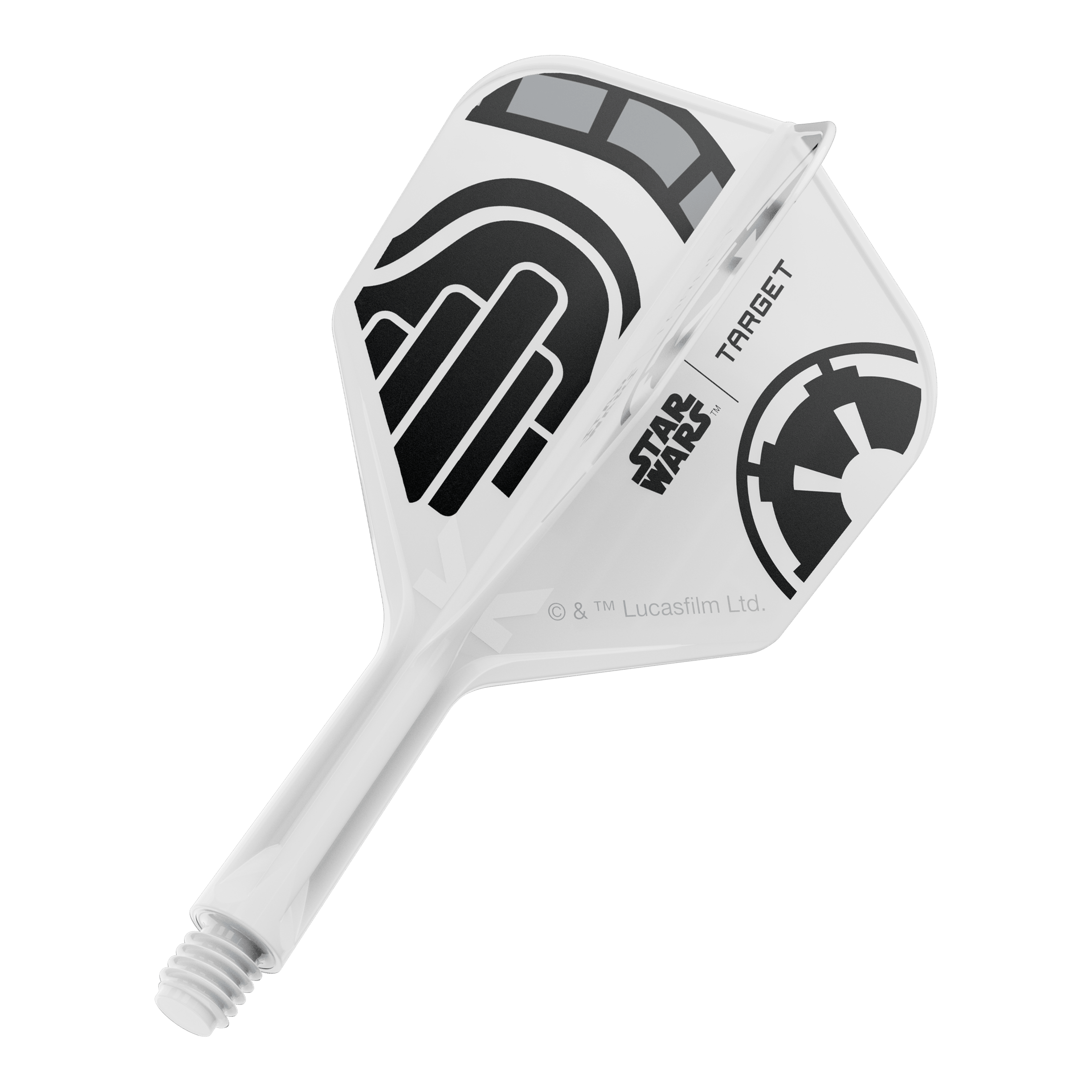 Vuelos Target Star Wars K-Flex Stormtrooper No. 6 Ein Dart-Flight aus der Star Wars KFlex Stormtrooper No6 Serie wird gezeigt. Dieser Flight ist kurz und misst 19 mm.