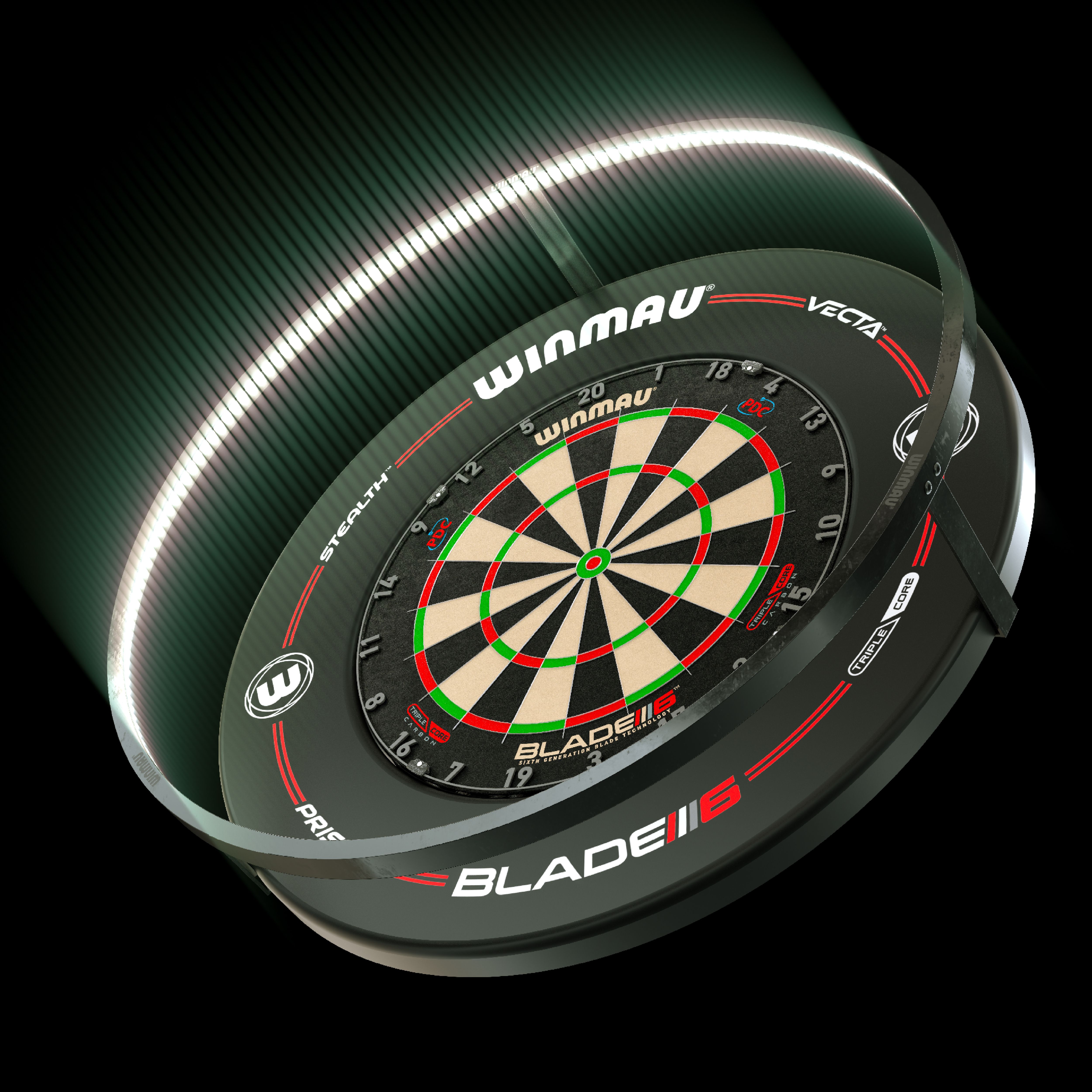 PAQUETE Winmau Plasma Iluminación LED y envolvente Das Bild zeigt das Winmau Plasma LED Beleuchtung und Surround Bundle mit einer beleuchteten Dartscheibe. Die LED-Leiste sorgt für optimale Ausleuchtung und ein modernes Design.