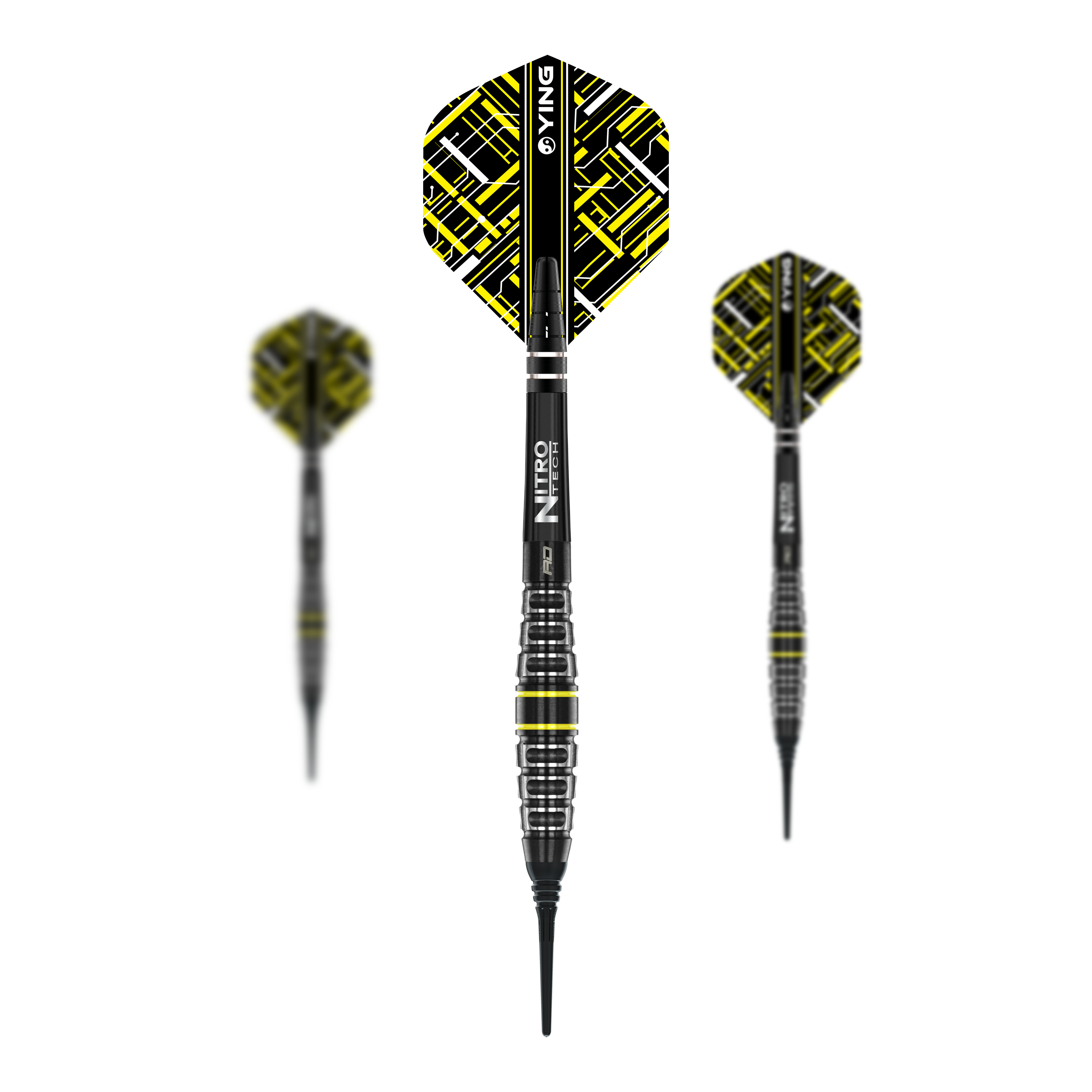 Dardos blandos Red Dragon Astraeus Q4X Torpedo - 20 g Das Bild zeigt drei Softdarts des Modells "Red Dragon Astraeus Q4X Torpedo - 20g". Die Darts haben schwarze Schäfte mit gelben und weißen Akzenten und ein auffälliges Flight-Design.