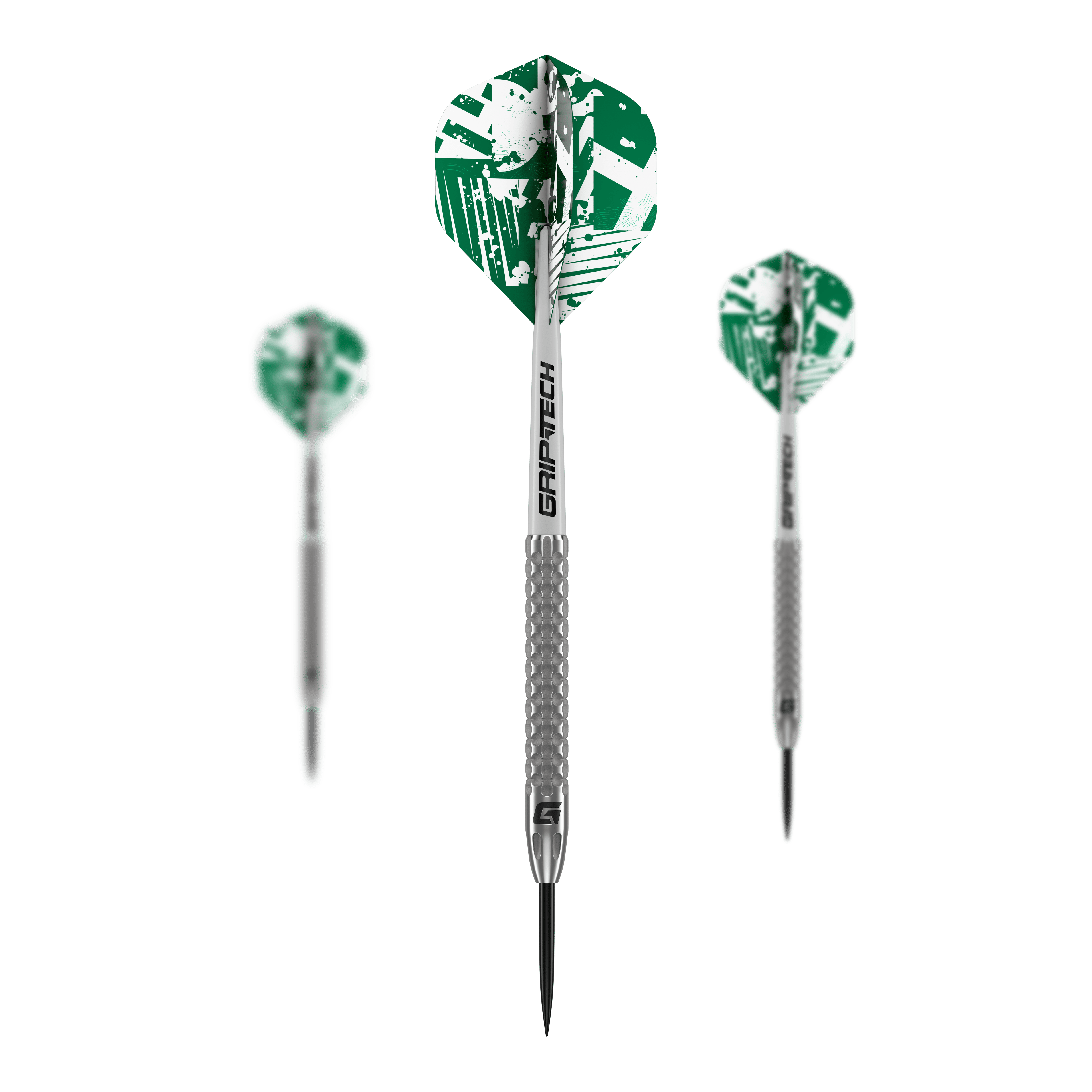 Dardos de acero de tungsteno GOAT Fairway V2 Das Bild zeigt drei GOAT Fairway V2 Tungsten Steeldarts mit silbernen Schäften und grünen Flights. Auf den Schäften steht "GRIPTECH" und die Darts haben eine strukturierte Griffzone.