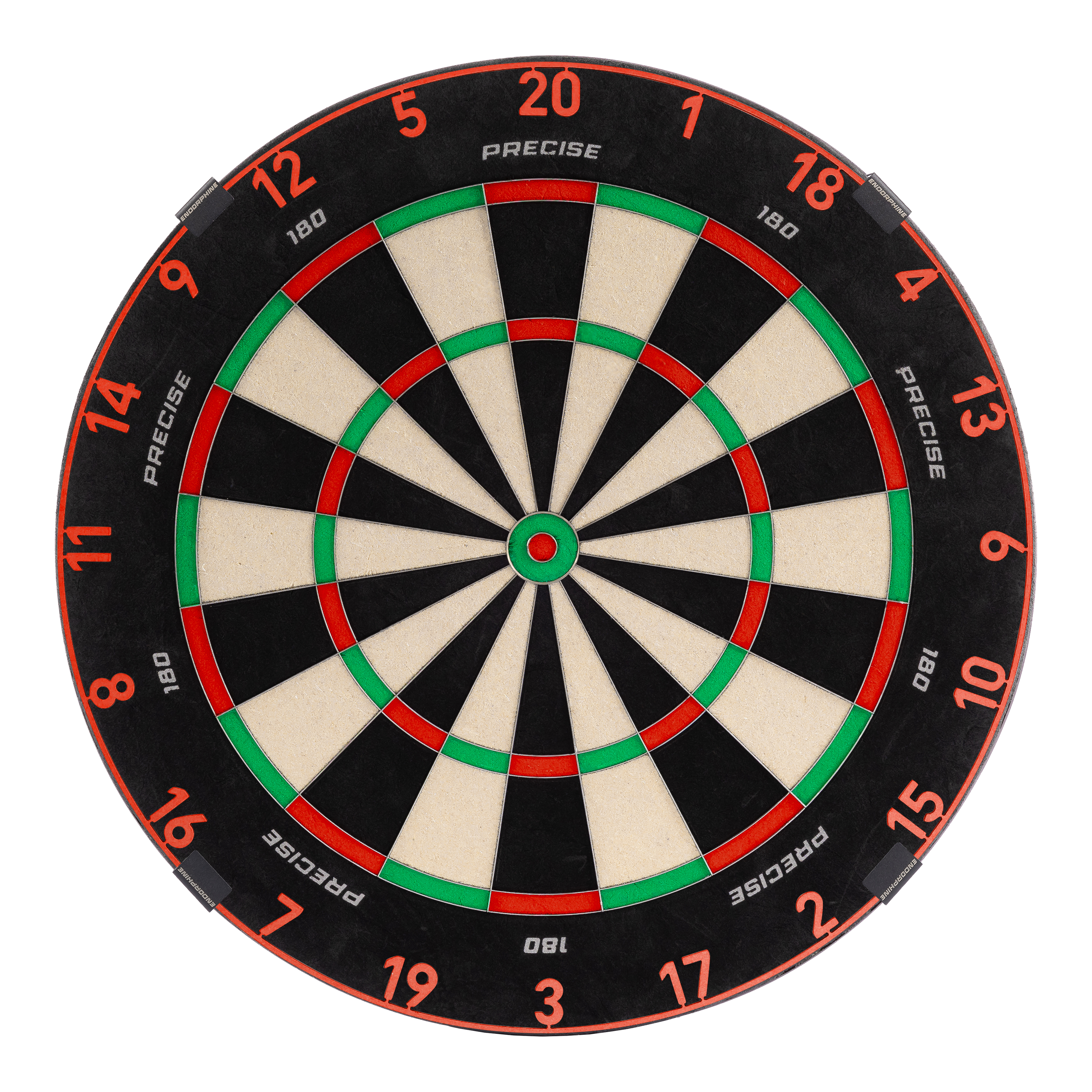 Diana de dardos de acero Endorphine de precisión 180 con anillo numerado - Rojo Infierno Zu sehen ist das Precise 180 Endorphine Steeldartboard mit Nummernring in Inferno Red. Es bietet eine professionelle Spielfläche für Darts.