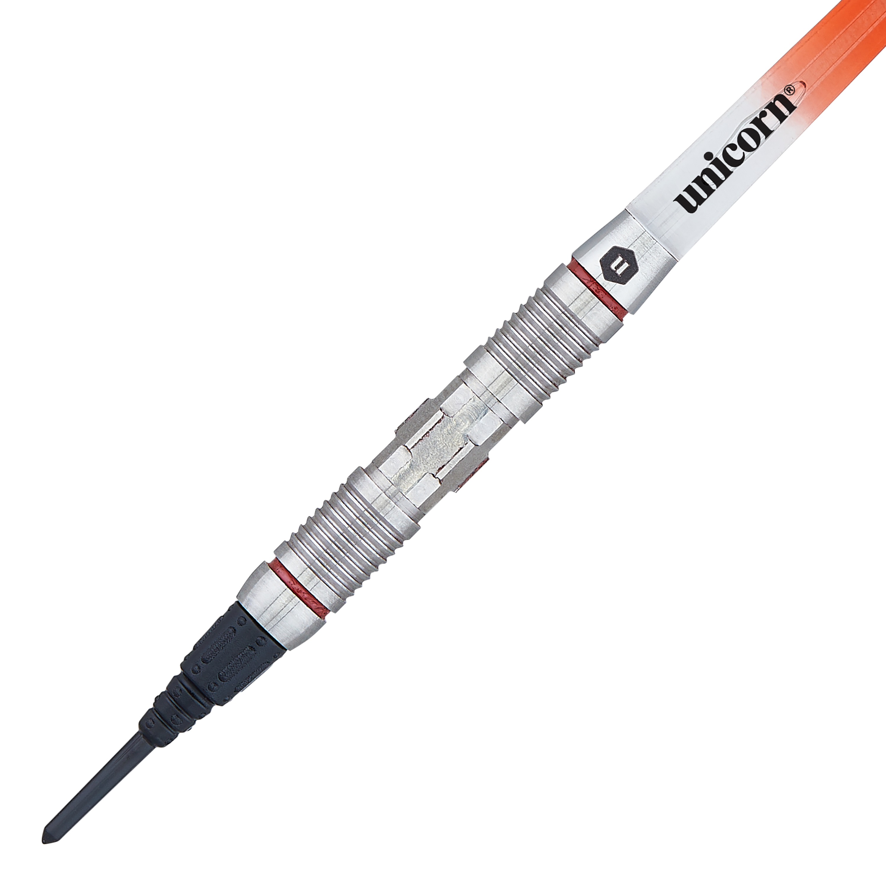 Dardos suaves Unicorn Ballista Style 2 Das Bild zeigt einen Softdart namens "Unicorn Ballista Style 2". Der Dart hat einen silbernen, geriffelten Schaft und eine orangefarbene Flight mit der Aufschrift "unicorn".