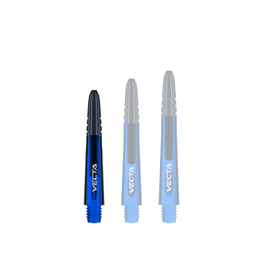 7025-105_Winmau_Vecta_Shafts_Blau_34mm_1lL9ivqrN3Tgwc Das Bild zeigt drei blaue Winmau Vecta Shafts in verschiedenen Längen. Sie haben eine glänzende Oberfläche und sind mit dem Schriftzug "VECTA" versehen.