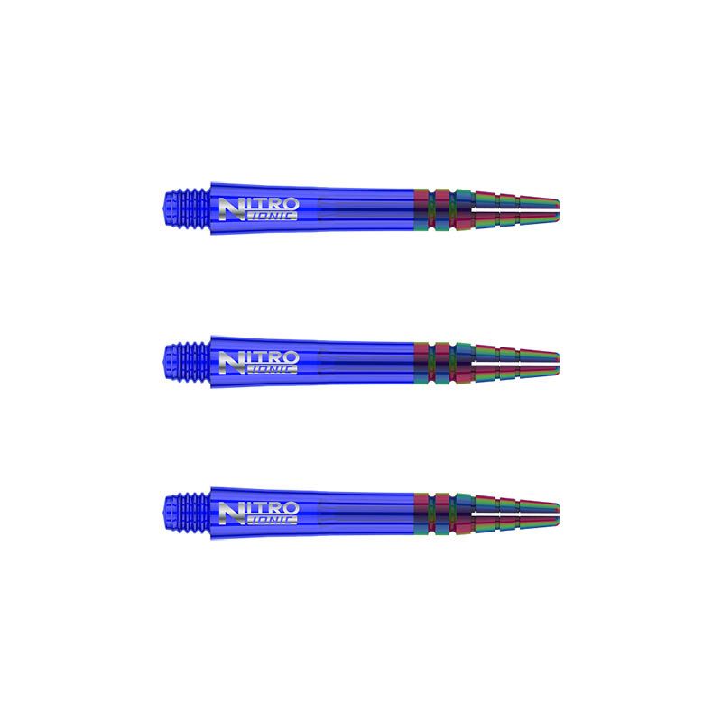 C601_Nitro_Ionic_Short_Blue_Shafts Das Bild zeigt drei blaue RedDragon Nitrotech Ionic Shafts. Sie sind nebeneinander angeordnet und haben silberne Schriftaufdrucke.