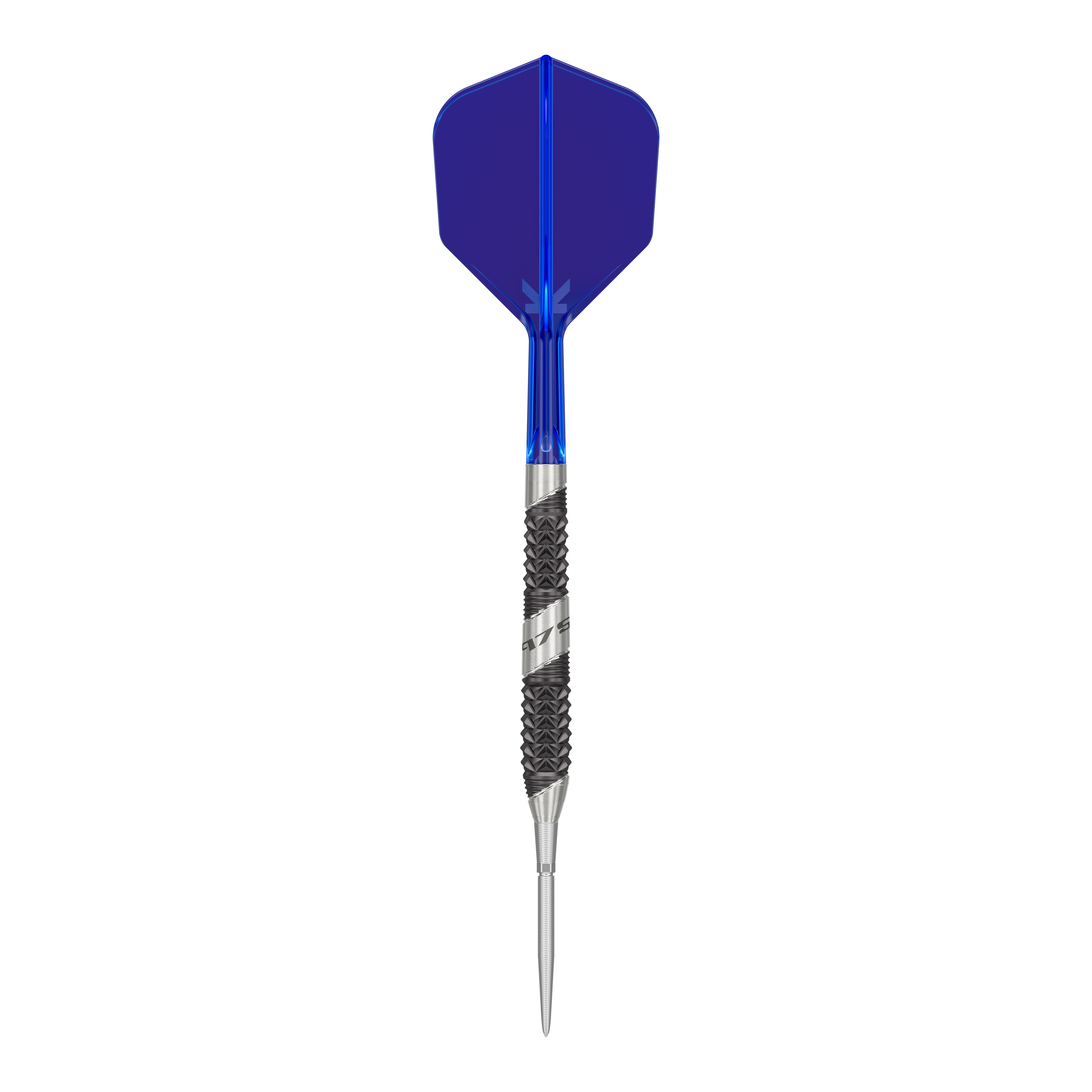 Dardos de acero Target 975 Ultra Marine 02 Swiss Point Das Bild zeigt einen Pfeil mit einer blauen Flights und einer silber-schwarzen Metallspitze. Der Pfeil hat ein modernes und sportliches Design.