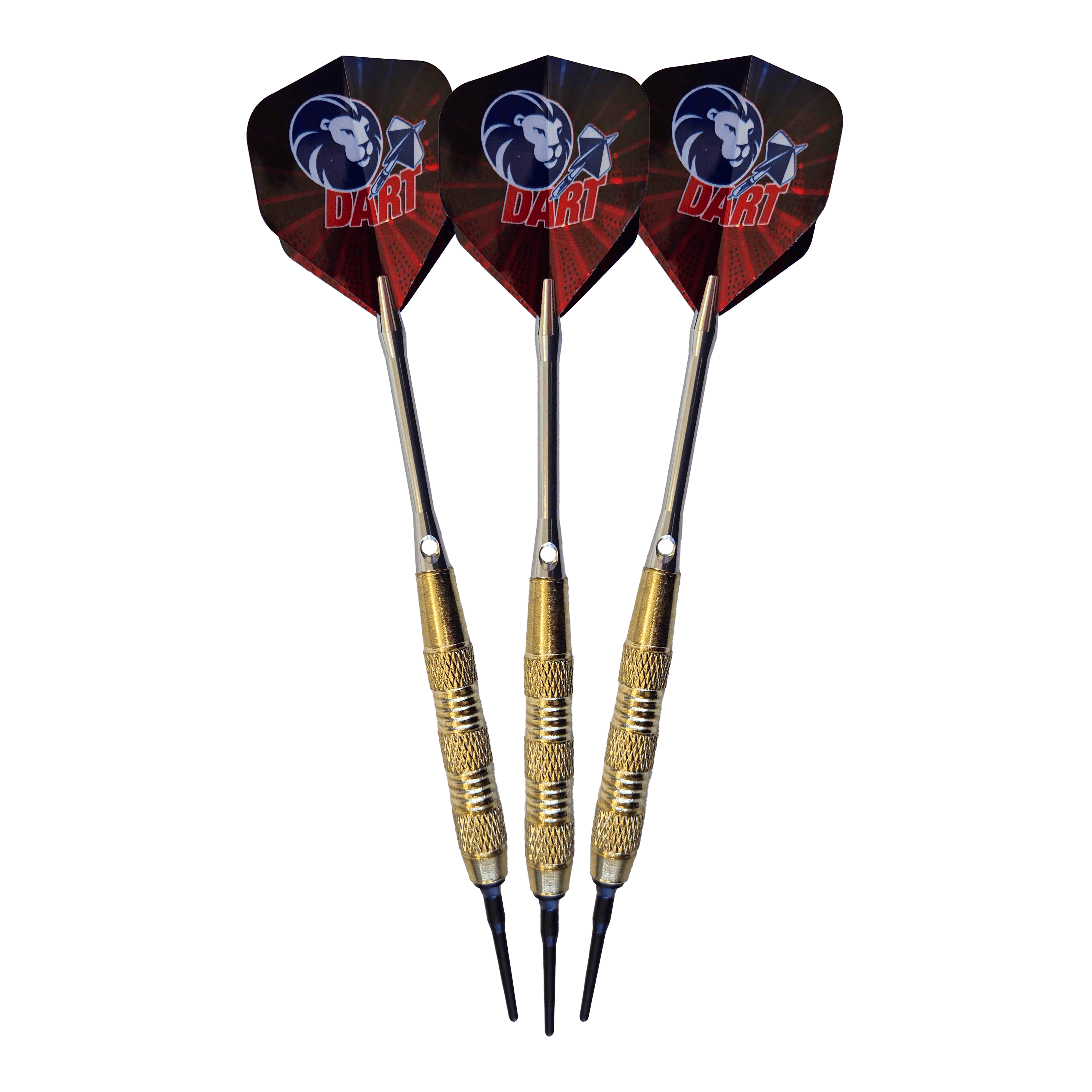 Das Bild zeigt drei 99 Löwen Soft-Tip Darts mit einem Gewicht von 18g. Die Flights sind schwarz-rot und mit einem Löwenkopf-Motiv sowie dem Schriftzug "DART" bedruckt.