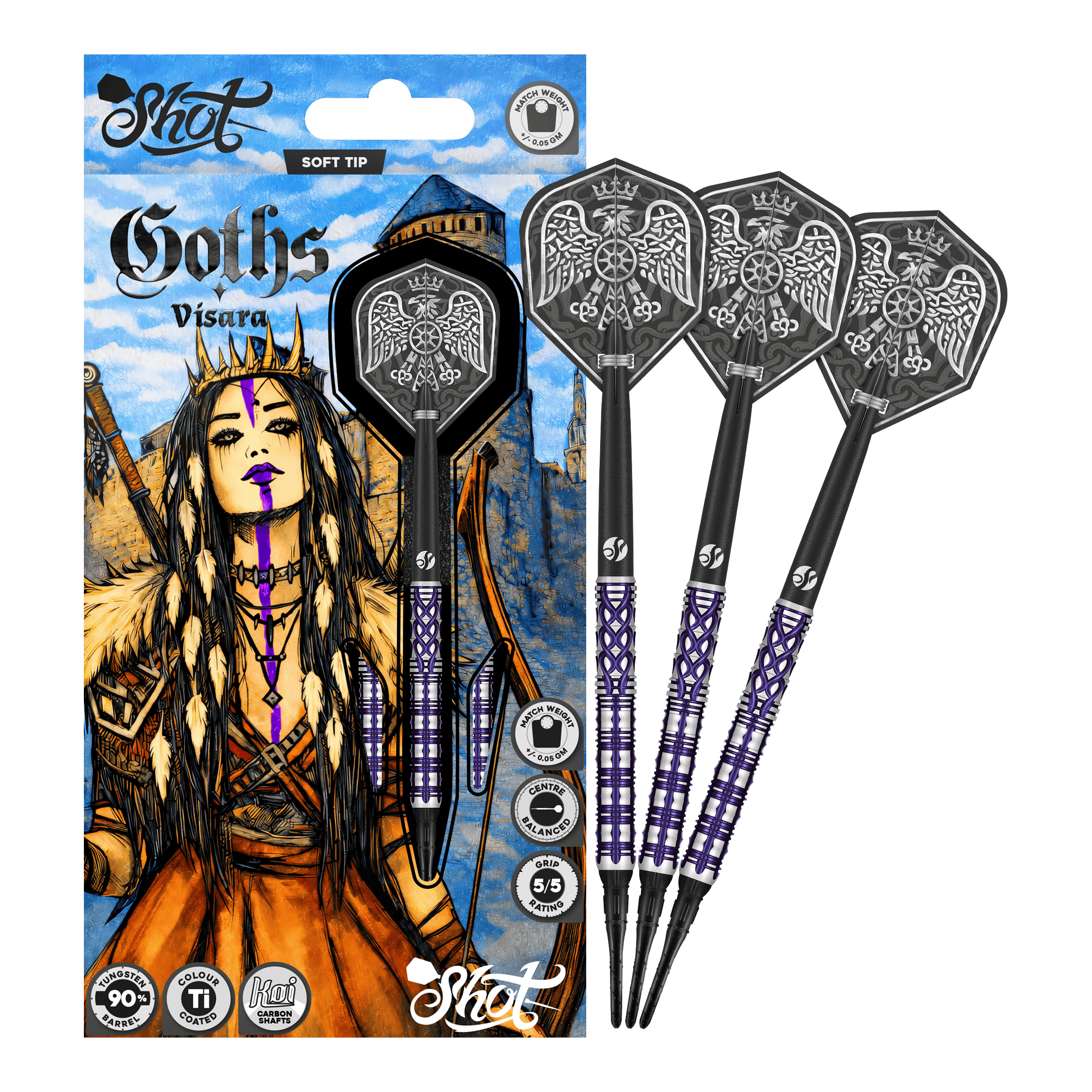 Dardos blandos Shot Goths Visara - 20 g Das Bild zeigt die Shot Goths Visara Softdarts - 20g. Diese Softdarts sind leicht und hochwertig verarbeitet.