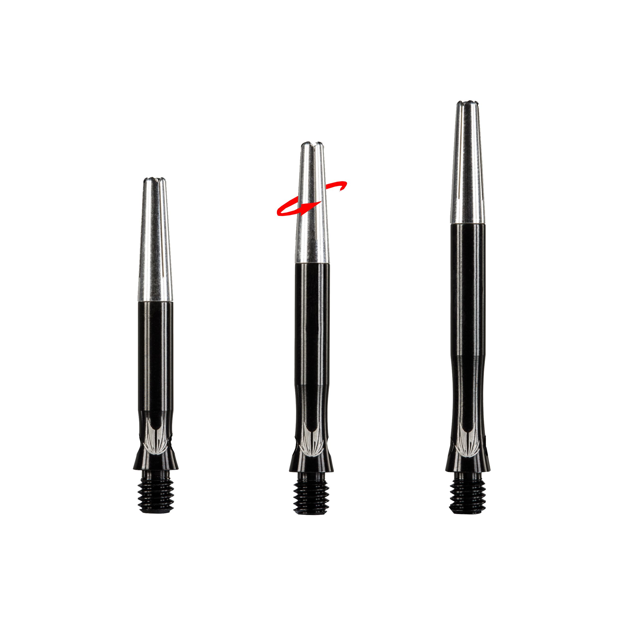 146340 Das Bild zeigt drei schwarze Target Top Spin S Line Shafts für Darts. Die Schäfte haben silberne Spitzen und einen drehbaren Mechanismus.