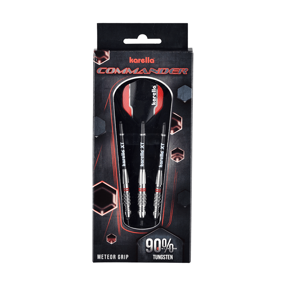 8307_Karella_Commander_Softdarts_3 Das Bild zeigt eine Packung mit Karella Commander Softdarts. Auf der Verpackung steht, dass die Darts zu 90% aus Tungsten bestehen und einen Meteor Grip haben.