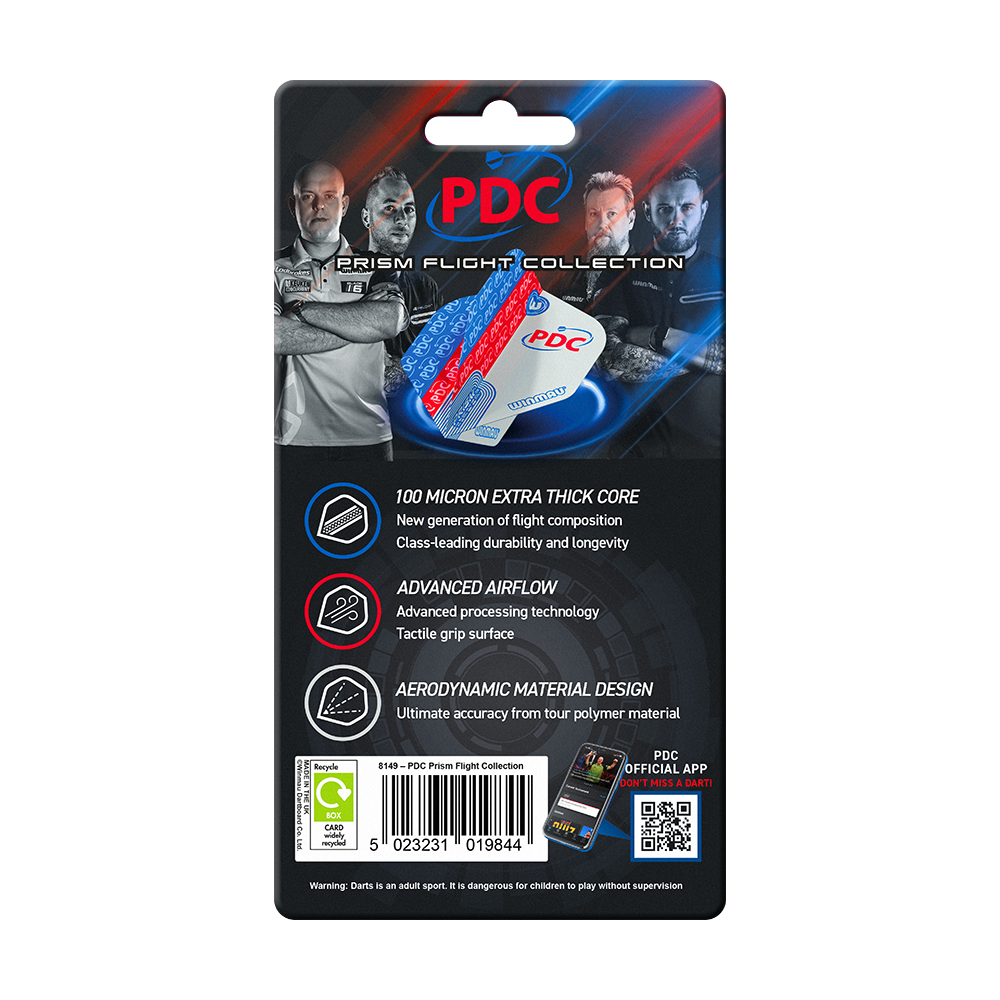 Colección de vuelo Winmau PDC Prism Das Bild zeigt die Verpackung der "Winmau PDC Prism Flight Collection" für Dartflights. Auf der Verpackung sind Produktmerkmale und Bilder von Dartspielern abgebildet.
