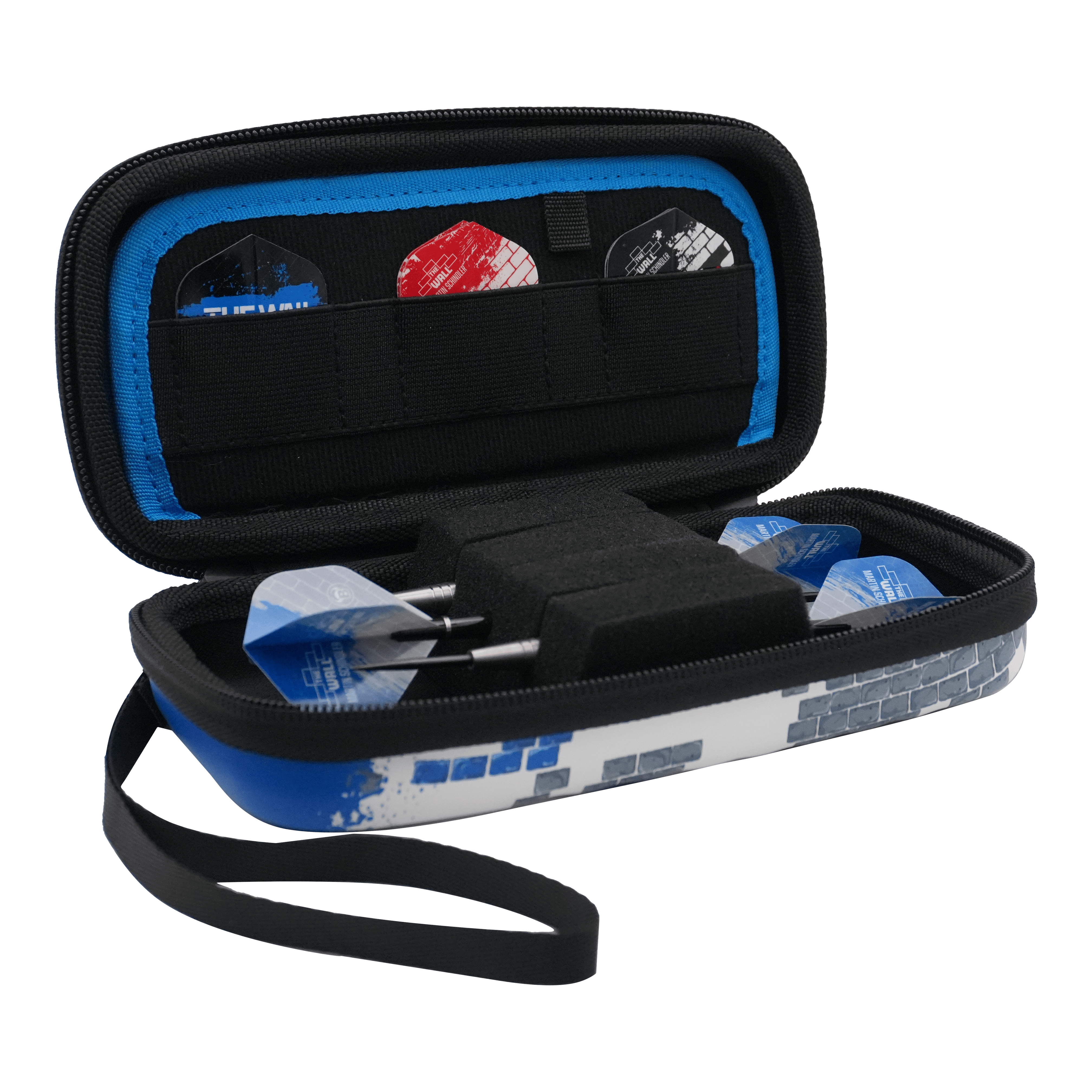 Estuche para dardos Bulls Orbis S Martin Schindler Das Bild zeigt ein geöffnetes Dartcase mit mehreren Darts und Flights darin. Das Etui ist blau-weiß und trägt das Design des Bulls Orbis S Martin Schindler Dartcase.