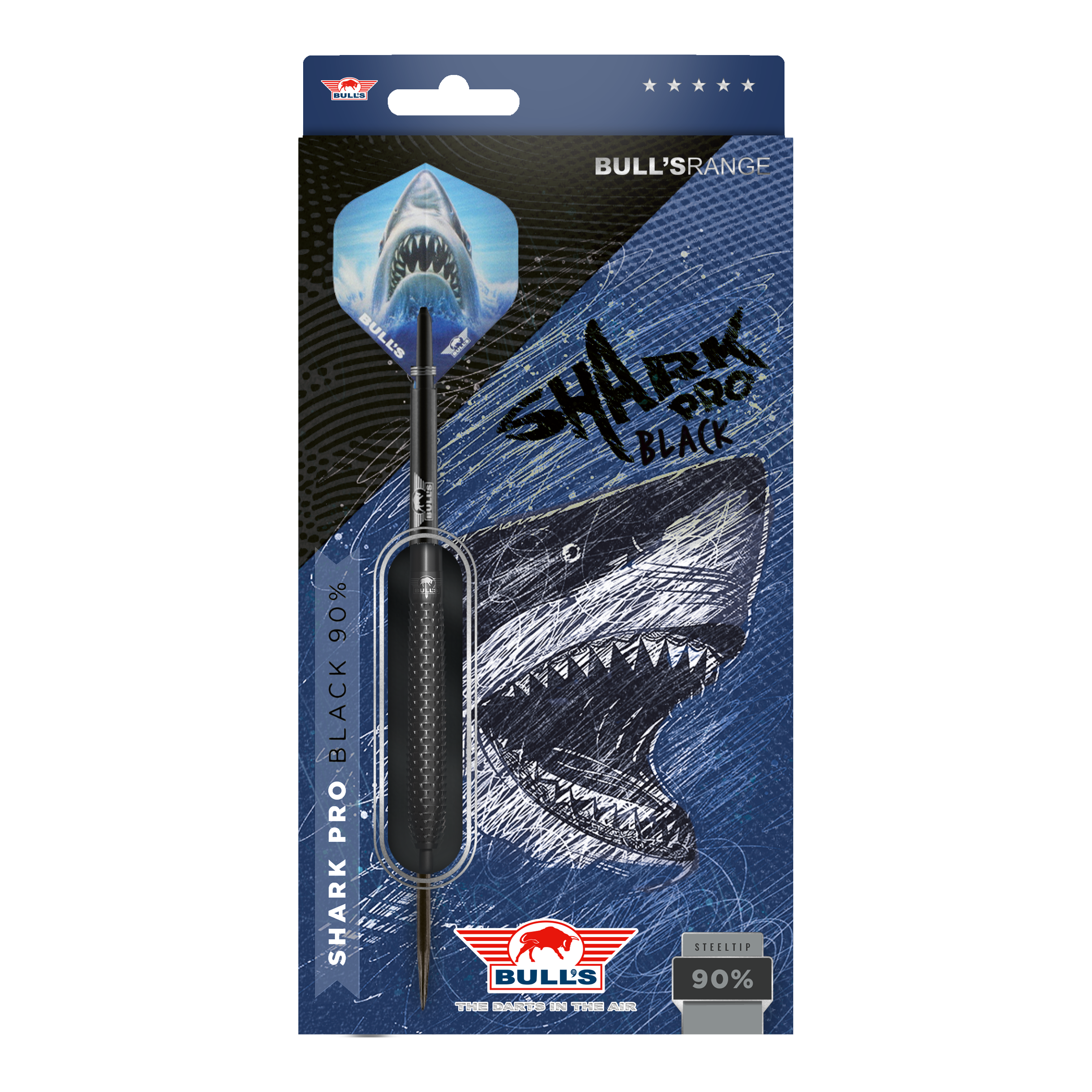 Dardos de acero negro Bulls NL Shark Pro Die Abbildung zeigt die Verpackung der "Bulls NL Shark Pro Black Steeldarts". Auf der Verpackung ist ein aggressiv aussehender Hai sowie der Dartpfeil selbst zu sehen.