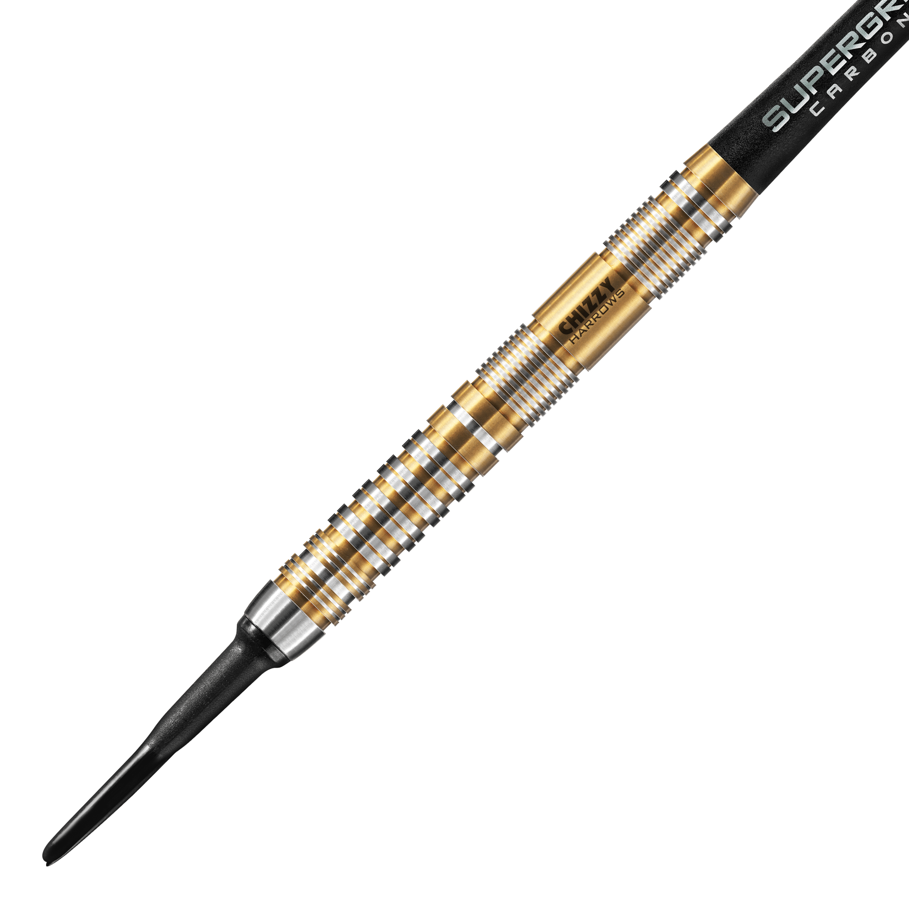 Dardos blandos Harrow's Dave Chisnall Chizzy Serie 2 Das Bild zeigt einen Harrows Dave Chisnall Chizzy Series 2 Softdart. Der Dartpfeil hat ein auffälliges Design mit goldenen und silbernen Ringen entlang des Barrels.