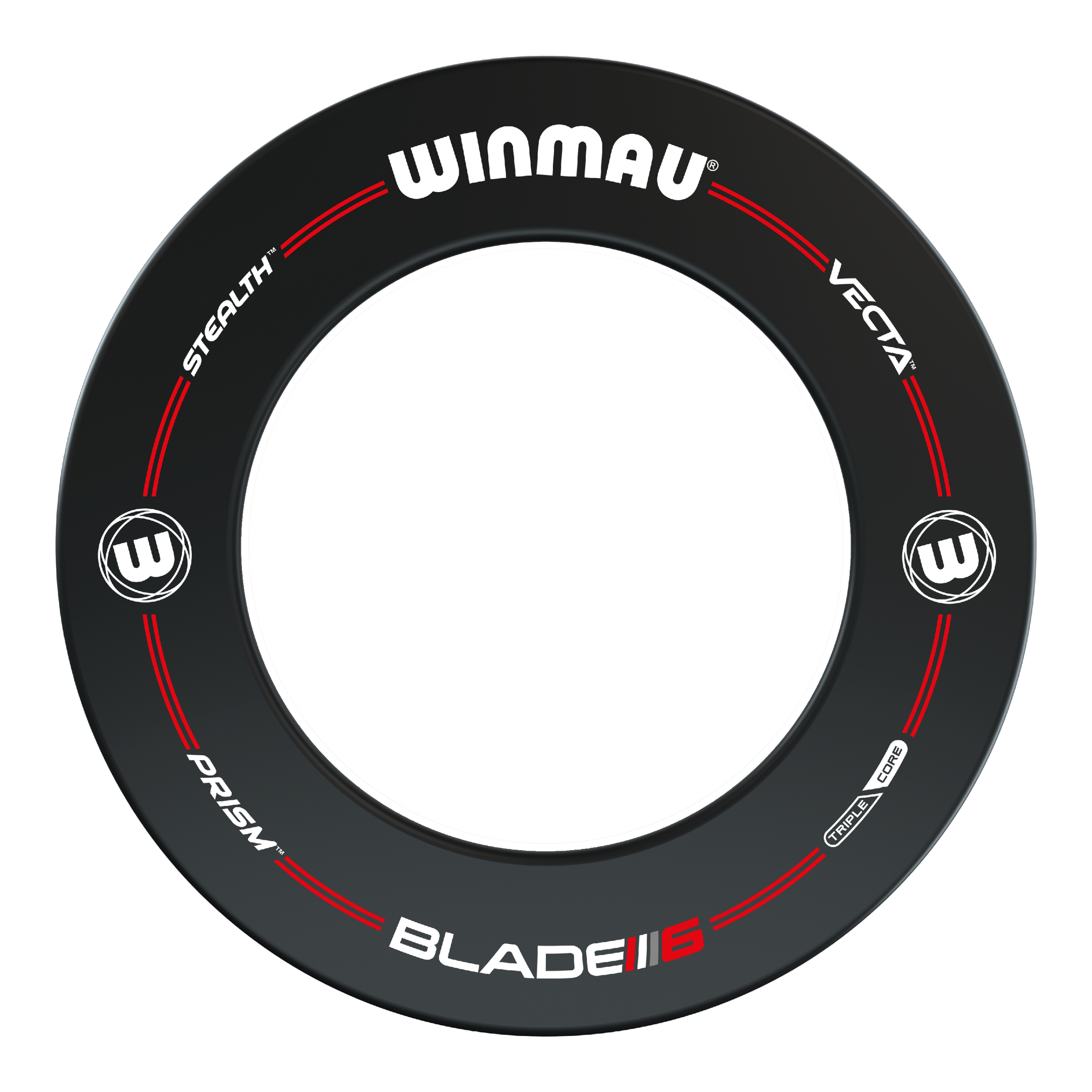 Das Bild zeigt das Produkt "Winmau Pro-Line Blade 6 Dartboard Surround". Es ist ein schwarzer Dartboard-Ring mit weißen und roten Akzenten sowie verschiedenen Markenlogos.