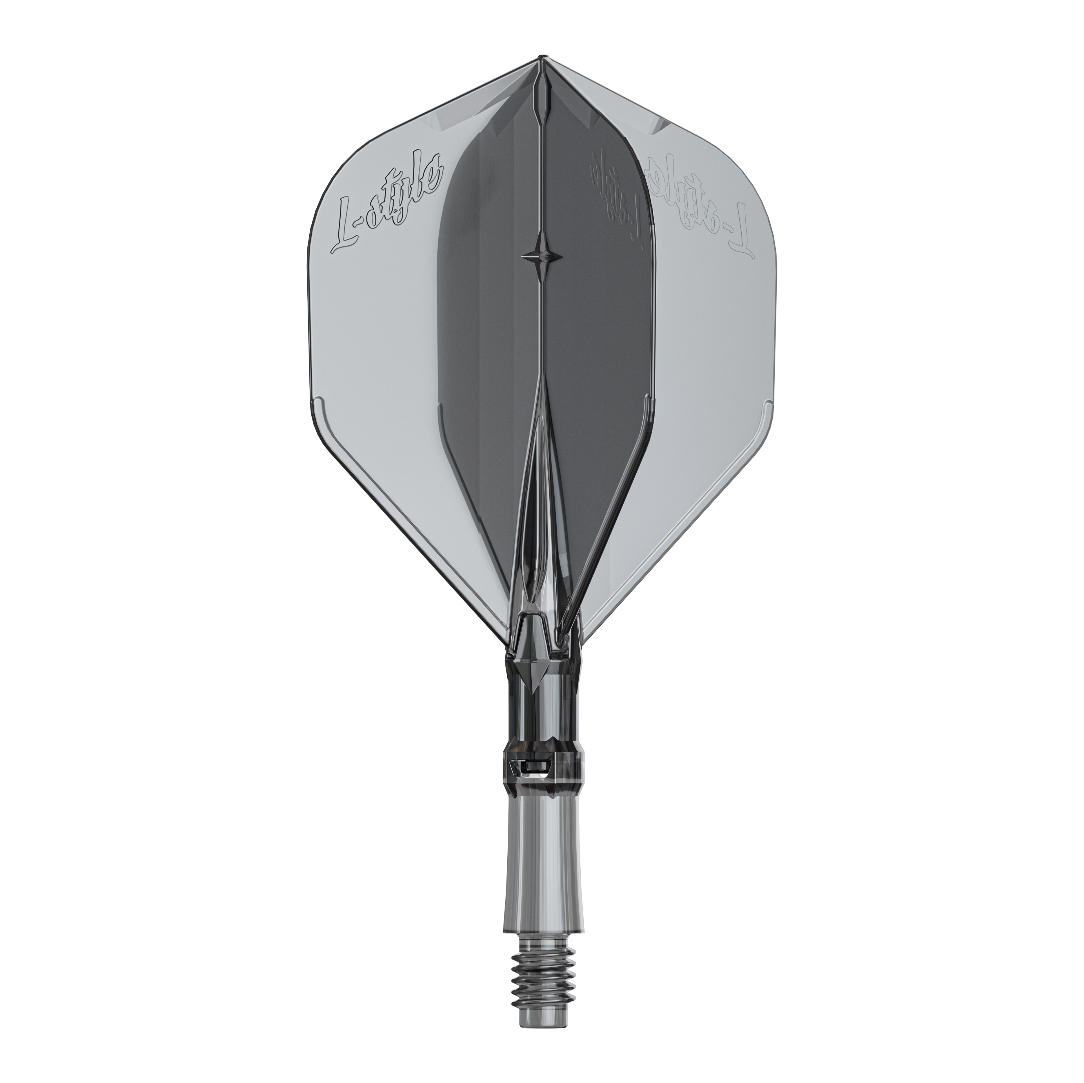 Vuelos L-Style L-System - Negro transparente Ein Ersatz-Flights-Set für Dartpfeile ist abgebildet. Das Produkt heißt LS1062 LStyle L-System Flights ClearBlack Small.