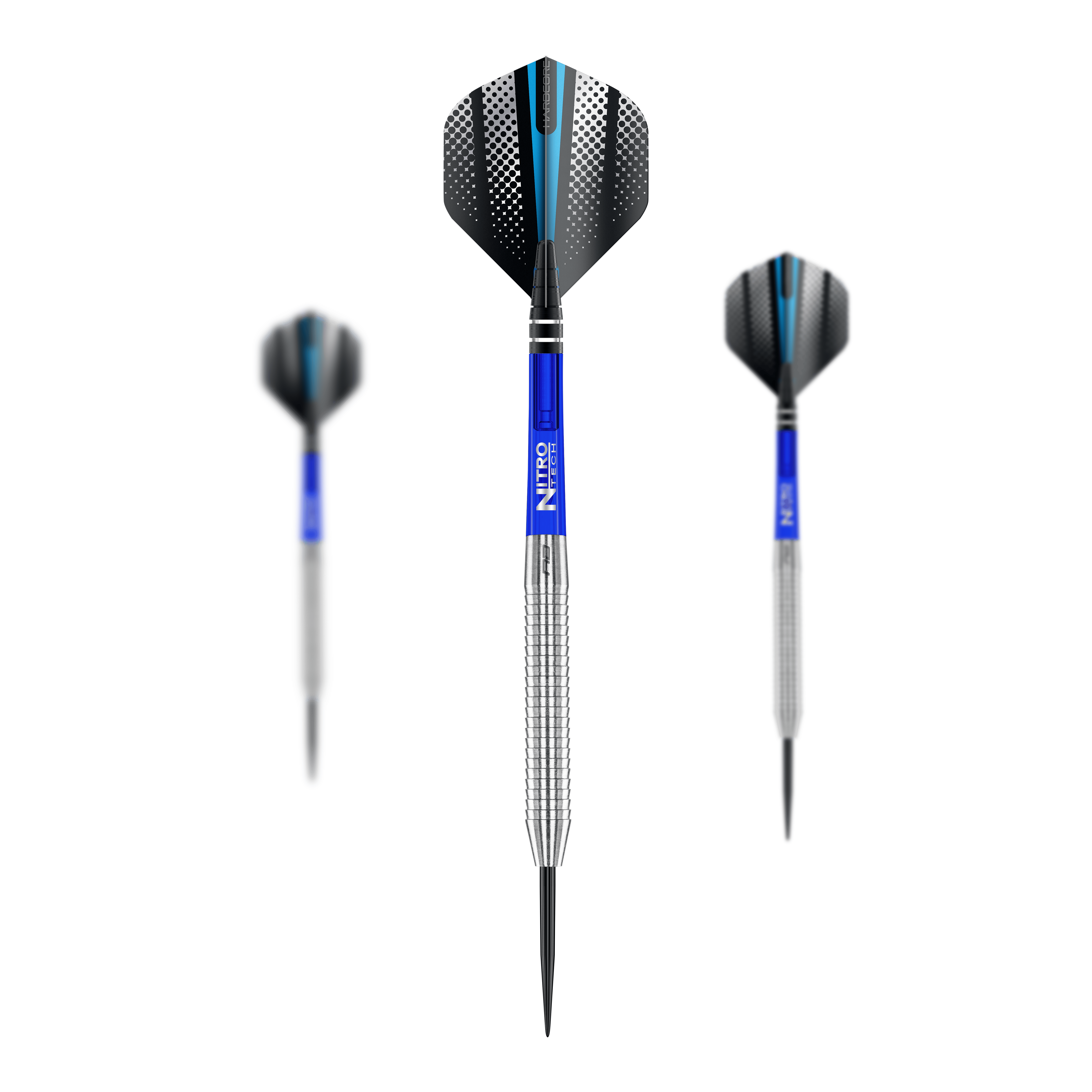 Dardos de acero originales Red Dragon Razor Edge Das Bild zeigt drei Red Dragon Razor Edge Original Steeldarts mit einem Gewicht von 24g. Die Darts haben blaue Schäfte, silberne Griffbereiche und schwarze Flights mit einem Muster.