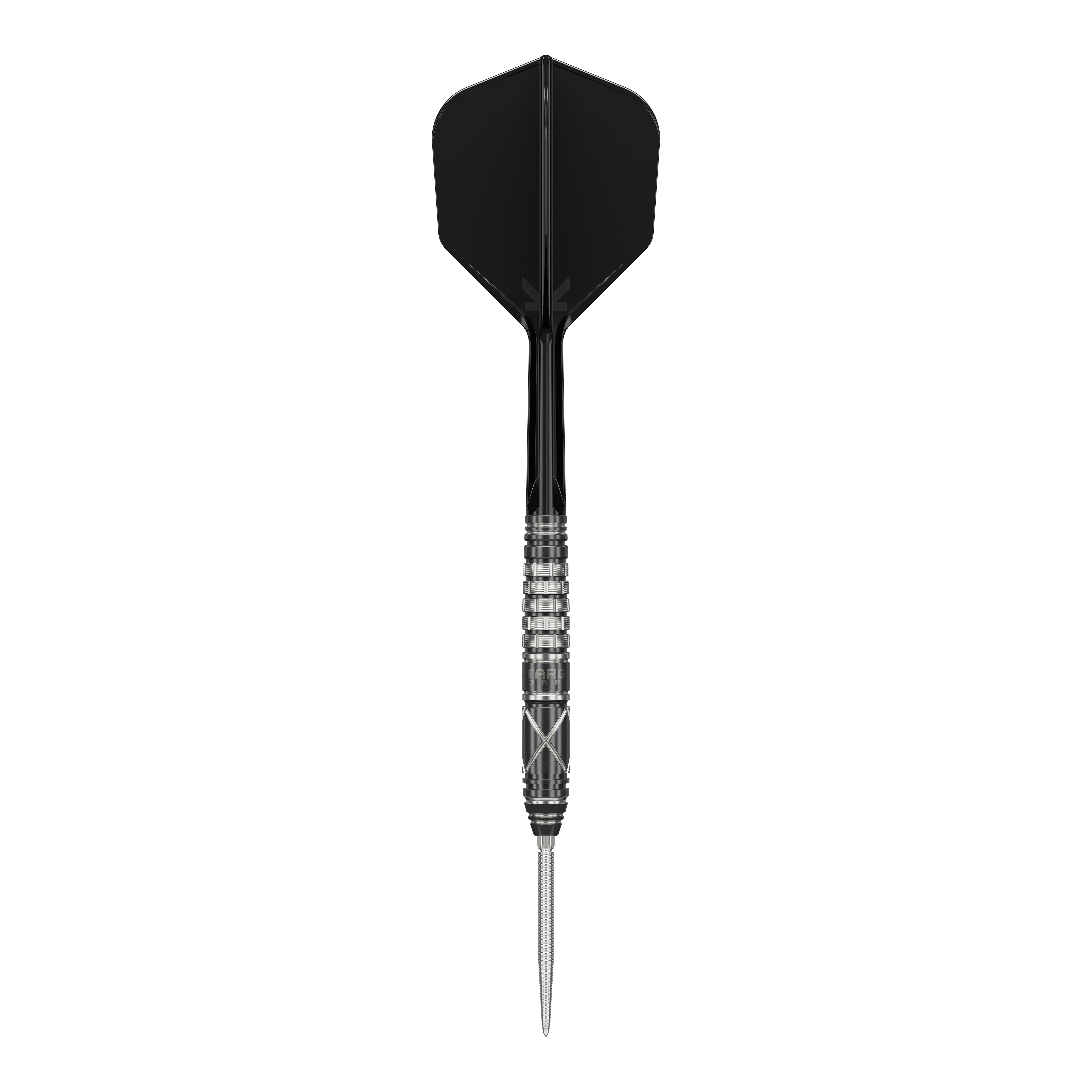 Dardos de acero Target Japan Black Marque Chaos 2 SP Das Bild zeigt einen stilvollen Steeldartpfeil mit schwarzer Flight und silber-schwarzem Barrel. Es handelt sich um das Produkt "Target Japan Black Marque Chaos 2 SP Steeldarts".
