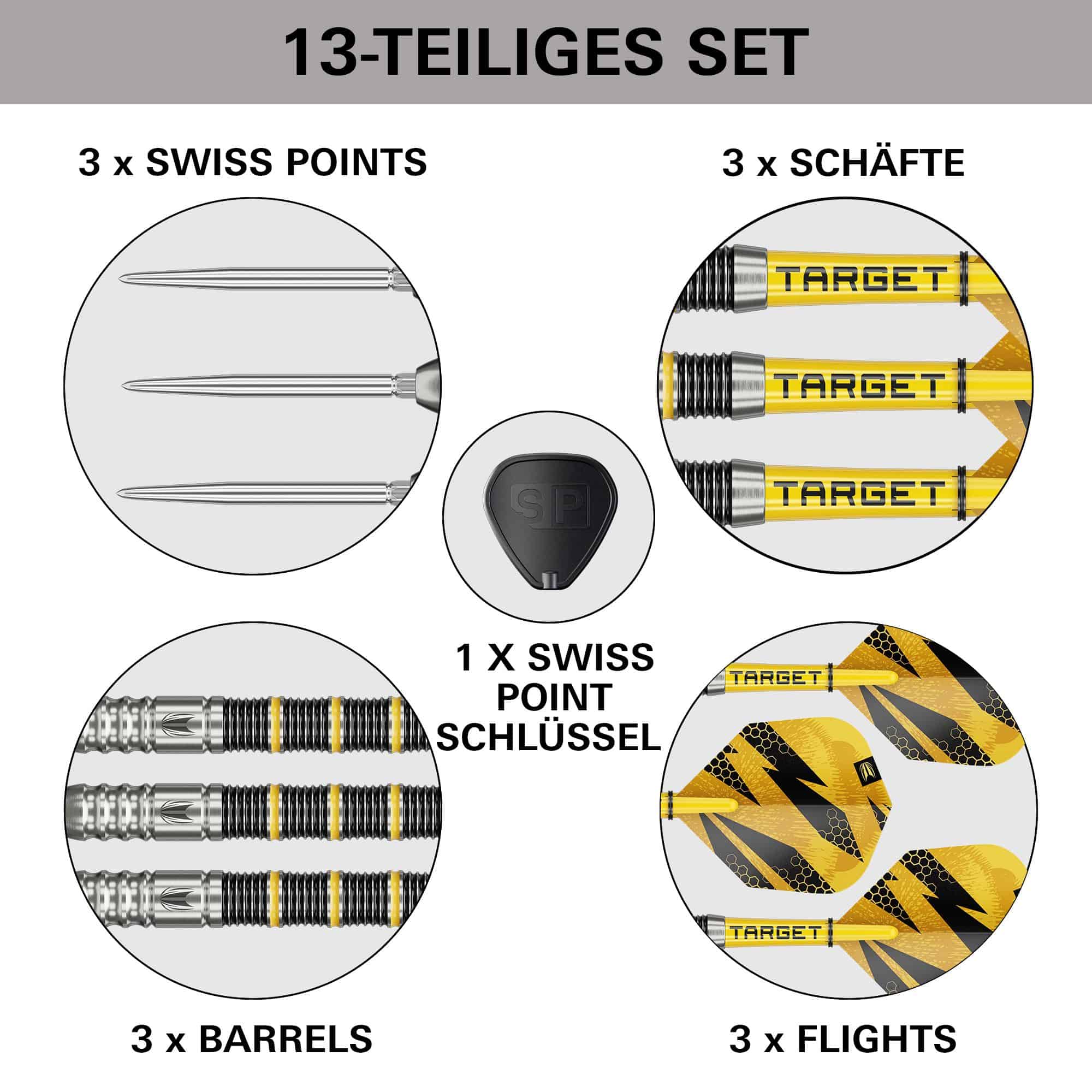 Dardos de acero Target Buzz 02 Swiss Points Das Bild zeigt die Target Buzz 02 Swiss Points Steeldarts. Die Steeldarts werden aus einer anderen Perspektive vorgestellt.