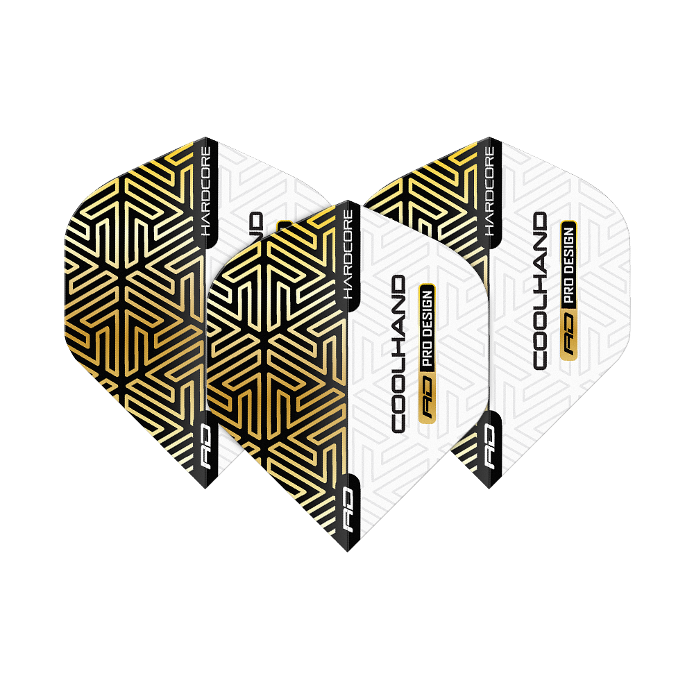 Vuelos estándar premium Red Dragon Hardcore Luke Humphries Gold White Das Bild zeigt die "Red Dragon Hardcore Luke Humphries Gold White Premium Standard Flights". Die Flights sind weiß mit gold-schwarzem geometrischem Muster und schwarzem Schriftzug.