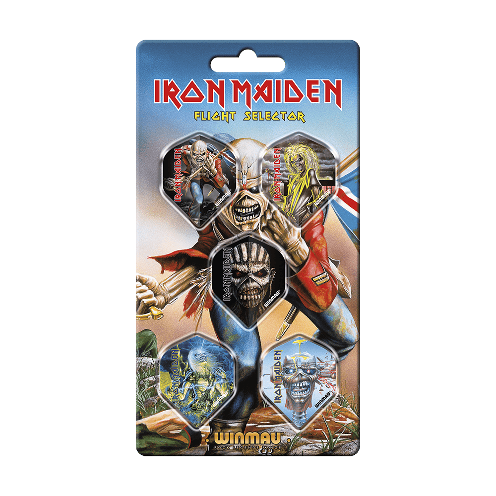 8136_Winmau_Iron_Maiden_Flight_Selector_1 Das Bild zeigt das Produkt "Winmau Iron Maiden Flight Selector" mit fünf verschiedenen Flight-Designs für Darts. Auf der Verpackung sind bunte Illustrationen und das Iron Maiden-Logo abgebildet.