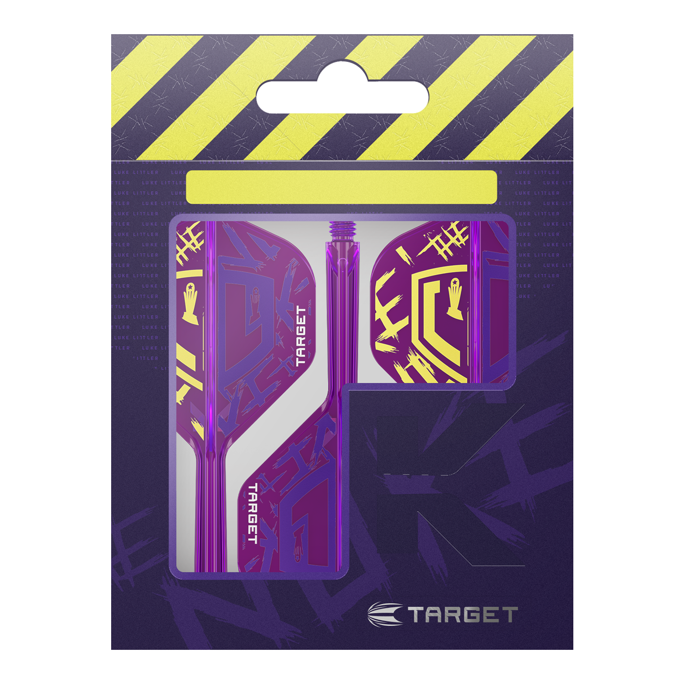 Target K-Flex Luke Littler Campeón del Mundo 2025 No2 Vuelos Estándar Die Abbildung zeigt die "Target K-Flex Luke Littler World Champion 2025 No2 Standard Flights" in einer Verpackung. Die Flights sind lila mit gelben Akzenten und dem Target-Logo gestaltet.