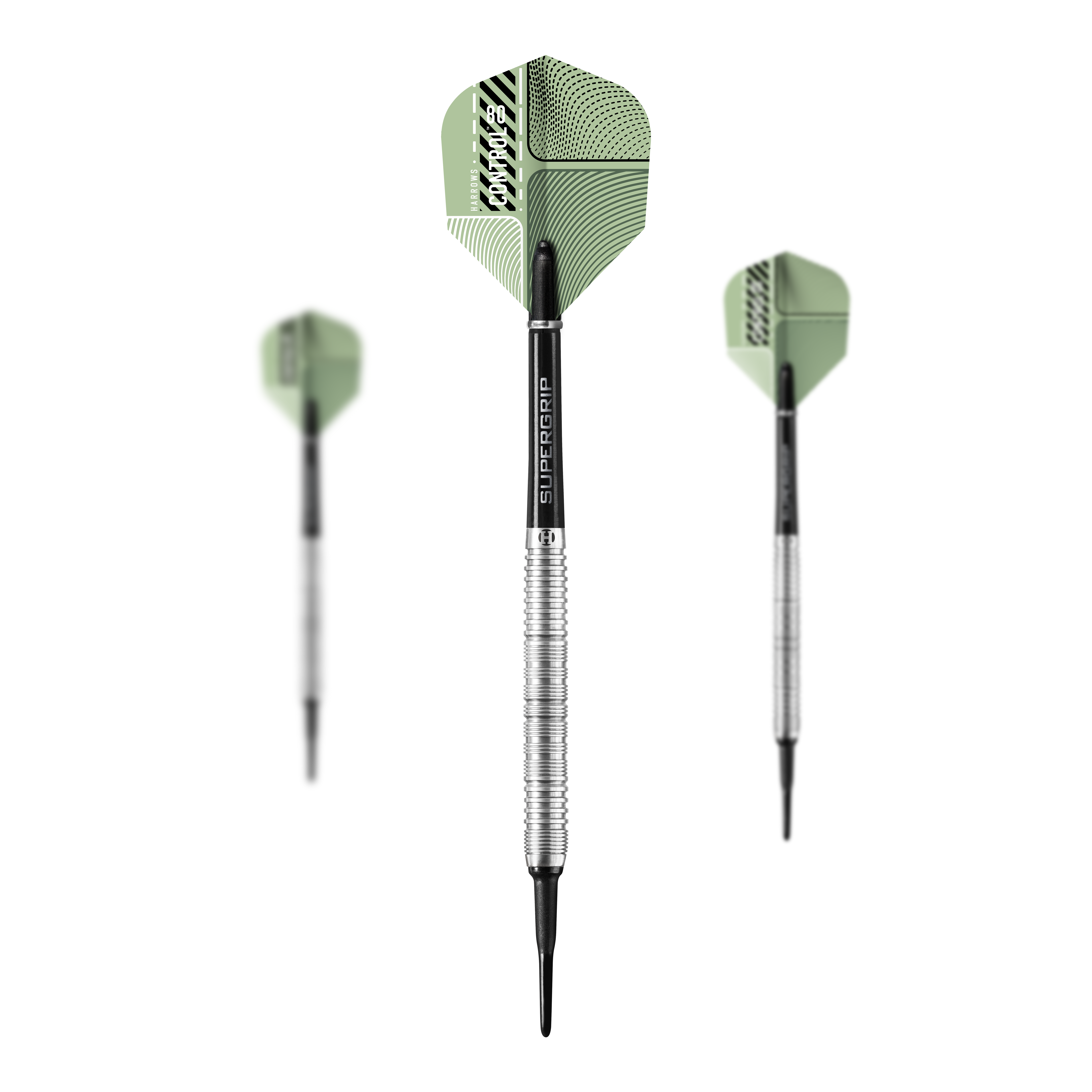 Dardos blandos paralelos Harrows Control Das Bild zeigt drei Harrows Control Parallel Softdarts mit grünen Flights und silbernen Griffen. Die Dartpfeile sind von vorne und von der Seite zu sehen.