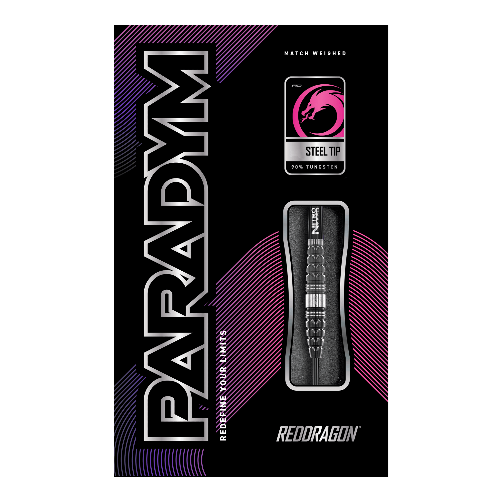 Dardos de acero Red Dragon Paradym Torpedo Das Bild zeigt die Verpackung der "Red Dragon Paradym Torpedo Steeldarts". Das Design ist modern mit auffälligen Farben und hebt die Stahlspitze sowie den hohen Wolframanteil hervor.