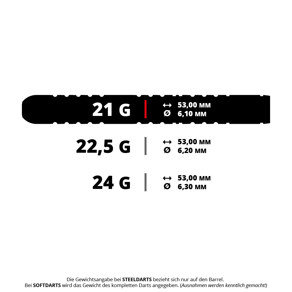 Das Bild zeigt die Gewichts- und Maßangaben für Winmau Michael Van Gerwen Evo-X Steeldarts in den Varianten 21 g, 22,5 g und 24 g. Die Längen und Durchmesser der Dartbarrels sind jeweils angegeben.