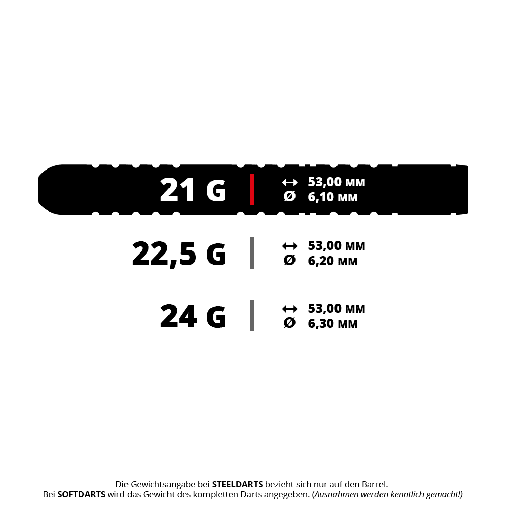 Dardos de acero Winmau Michael Van Gerwen Evo-X Das Bild zeigt die Gewichts- und Maßangaben für Winmau Michael Van Gerwen Evo-X Steeldarts in den Varianten 21 g, 22,5 g und 24 g. Die Längen und Durchmesser der Dartbarrels sind jeweils angegeben.