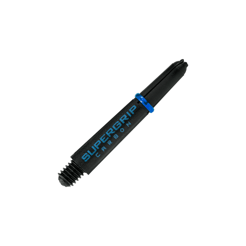 HR363_Harrows_Supergrip_Carbon_Shafts_Aqua_33mm_2 Das Bild zeigt einen Harrows Supergrip Carbon Shaft in der Farbe Aqua. Der Schaft ist überwiegend schwarz mit blauen Akzenten und der Aufschrift "SUPERGRIP CARBON".