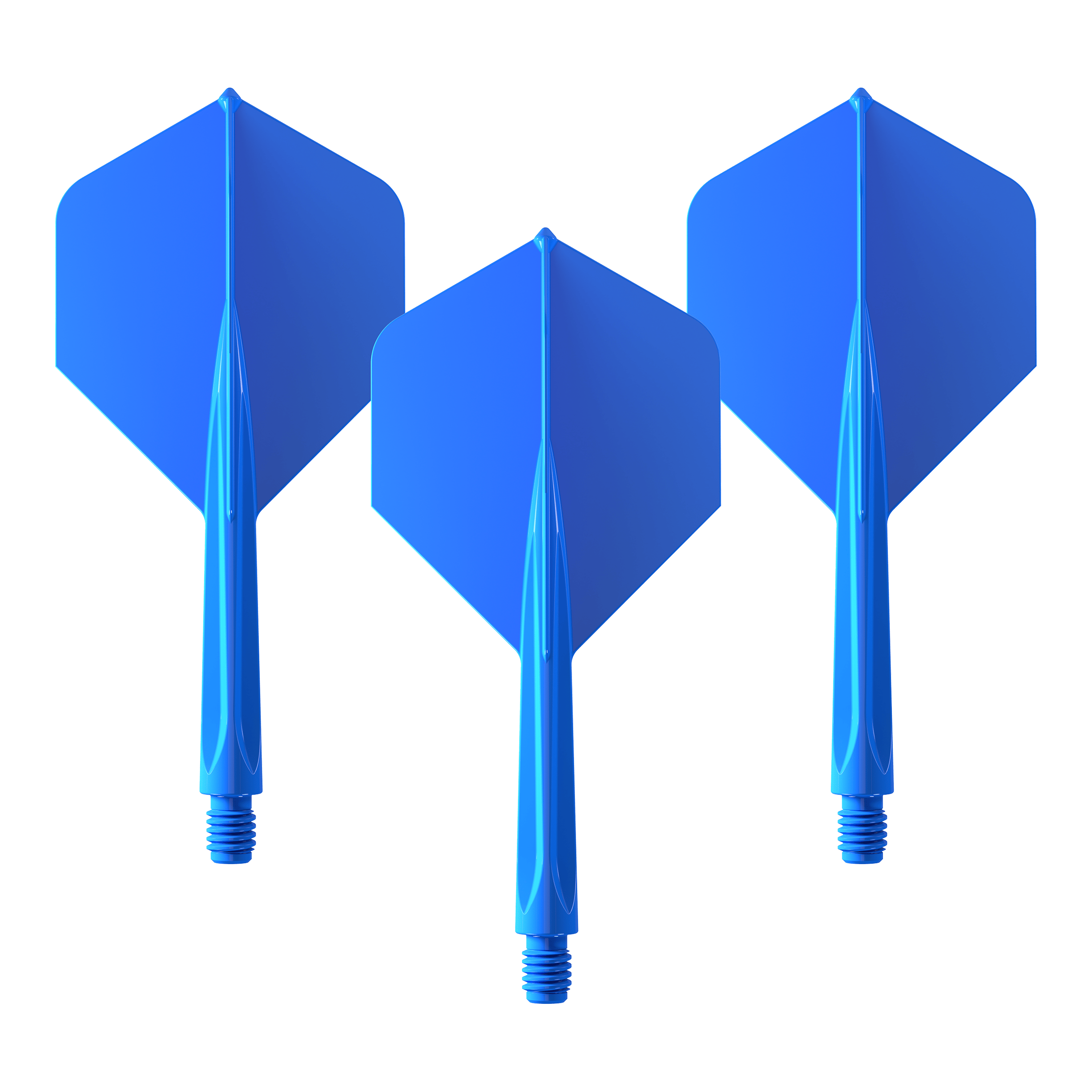 Plumas estándar Unicorn Forge All In One Plus No2, color azul, talla mediana Das Bild zeigt drei blaue Dart-Flights des Produkts "Unicorn Forge All In One Plus No2 Standard Flights Blau - Medium". Sie sind mittelgroß und haben eine standardisierte Form.