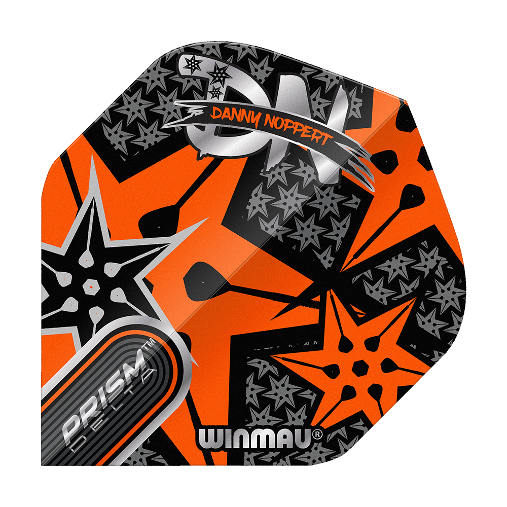 Vuelos estándar Winmau Prism Delta Danny Noppert Orange Signature No2 Das Bild zeigt ein buntes Dart-Flight mit orangefarbenem und schwarzem Sternmuster. Auf dem Flight stehen die Namen "Danny Noppert" und "Winmau Prism Delta".