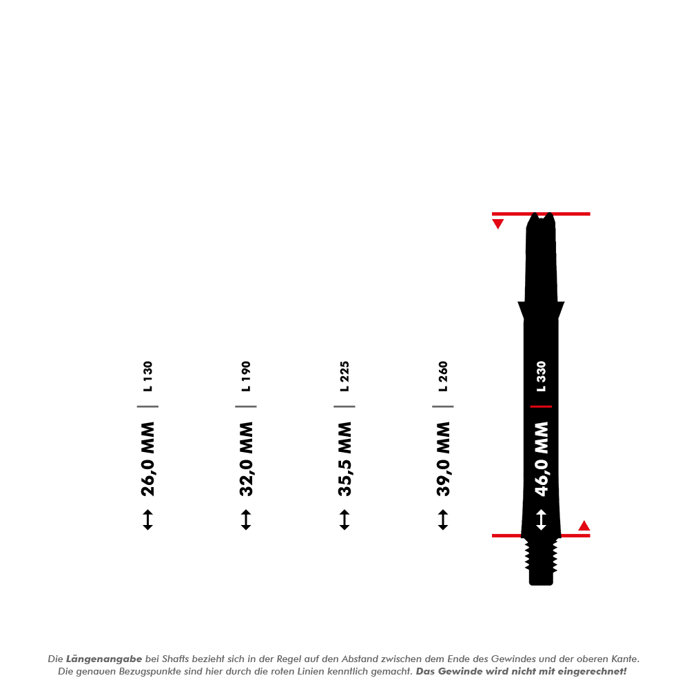 Ejes de carbono estilo L Auf dem Bild sind fünf verschieden lange L-Style L-Shaft Carbon Shafts ohne Kappen dargestellt, jeweils mit ihren Längenangaben in Millimetern. Die Längen reichen von 26,0 mm bis 46,0 mm und werden durch rote Linien an den Schäften markiert.