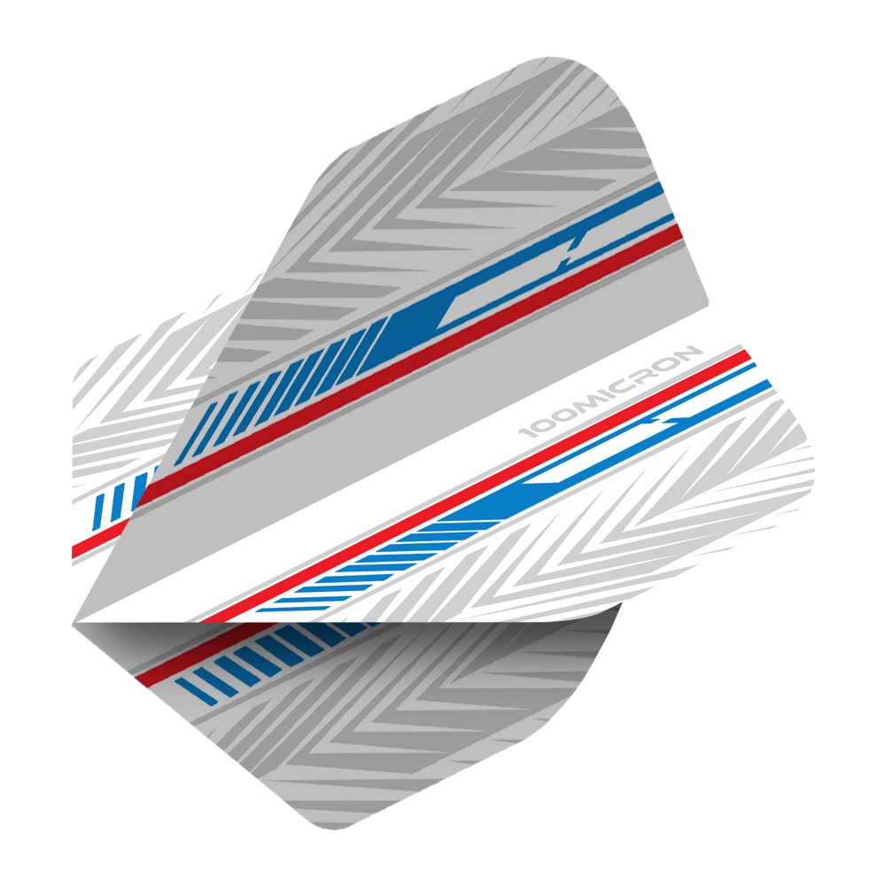 Vuelos de pentatlón blanco/azul/rojo Das Bild zeigt einen Pentathlon White Blue Red No2 Standard Flight für Darts. Das Design besteht aus weißen, blauen und roten Streifen mit silbergrauen Mustern.