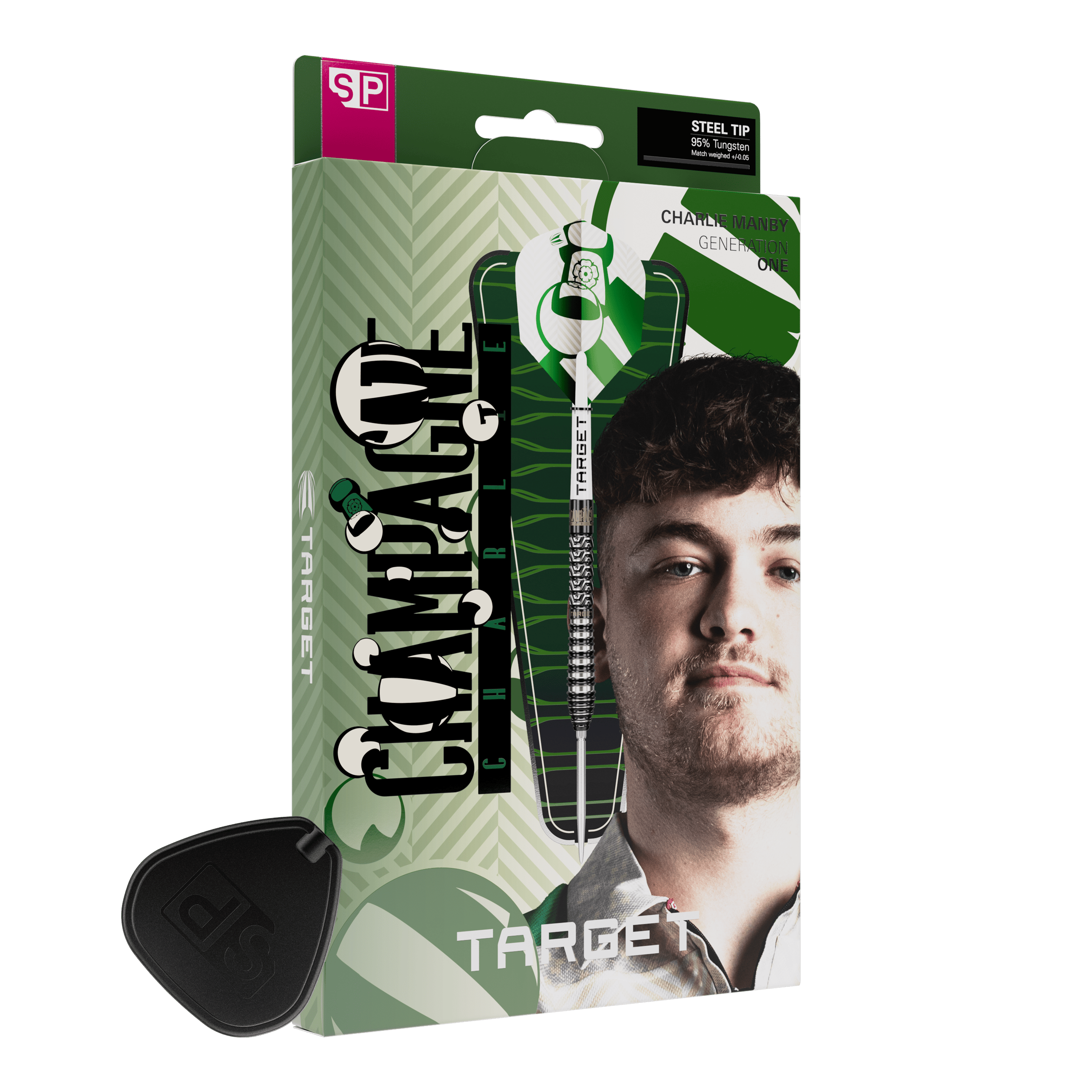 Dardos de acero Target Charlie Manby Swiss Points Dies ist ein Foto von Target Charlie Manby Swiss Points Steeldarts. Es wird ein weiterer Dart aus dem Set gezeigt.