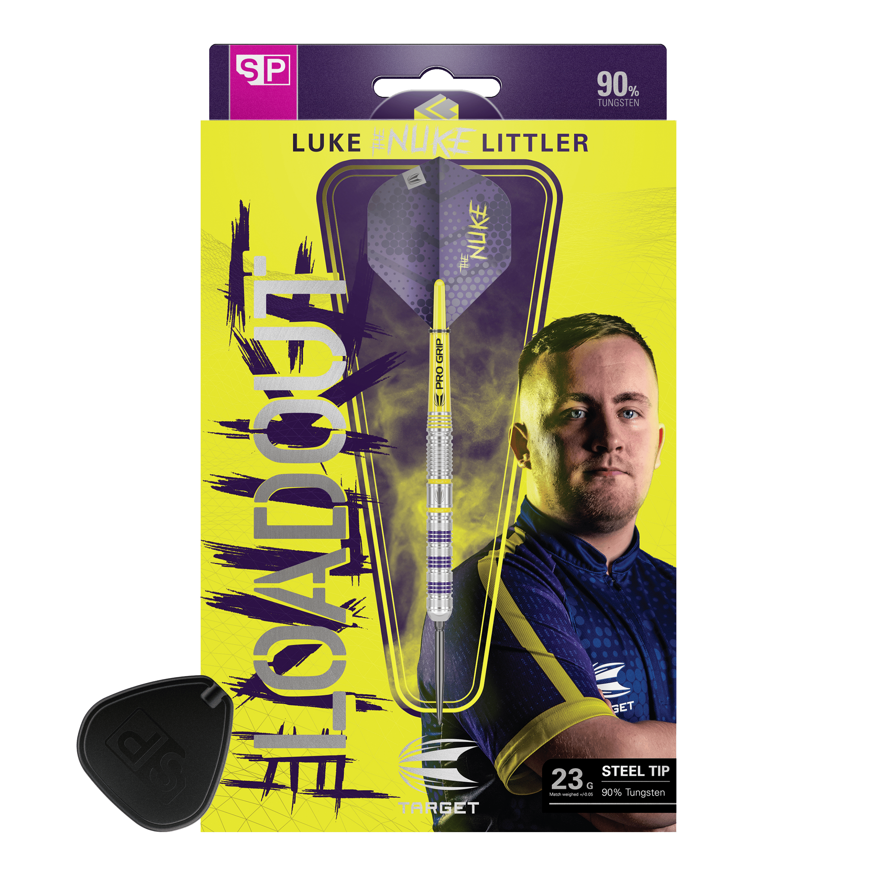 Dardos de acero Target Luke Littler Loadout Swiss Point Auf dem Bild ist das Produkt "Target Luke Littler Loadout Swiss Point Steeldarts" zu sehen. Die Verpackung zeigt einen Dartpfeil sowie ein Porträt von Luke Littler vor einem gelben Hintergrund.