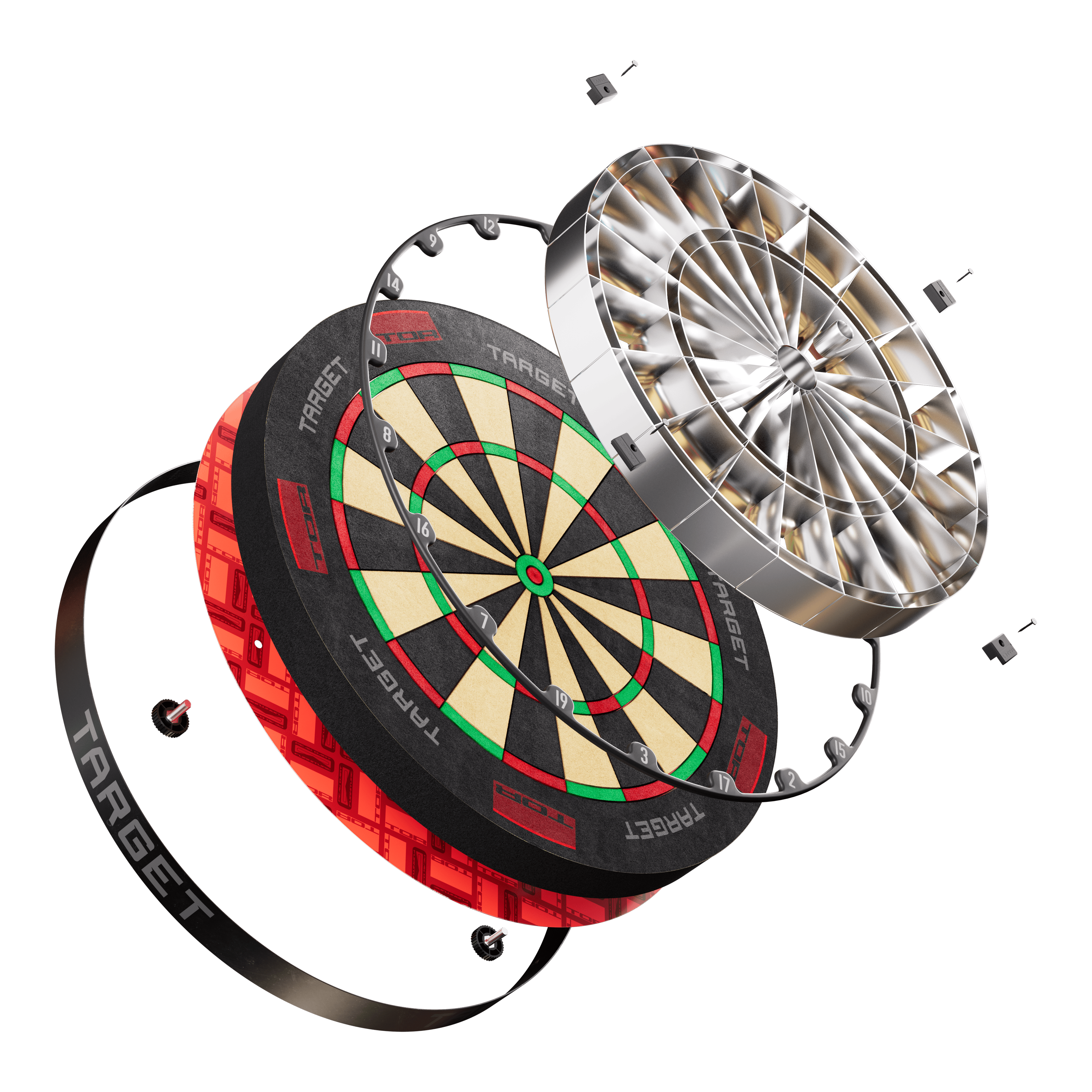 Diana de acero Target TOR Das Bild zeigt das Produkt "Target TOR Steeldartboard" in einer explodierten Ansicht. Die einzelnen Bauteile des Dartboards sind deutlich sichtbar und voneinander getrennt dargestellt.