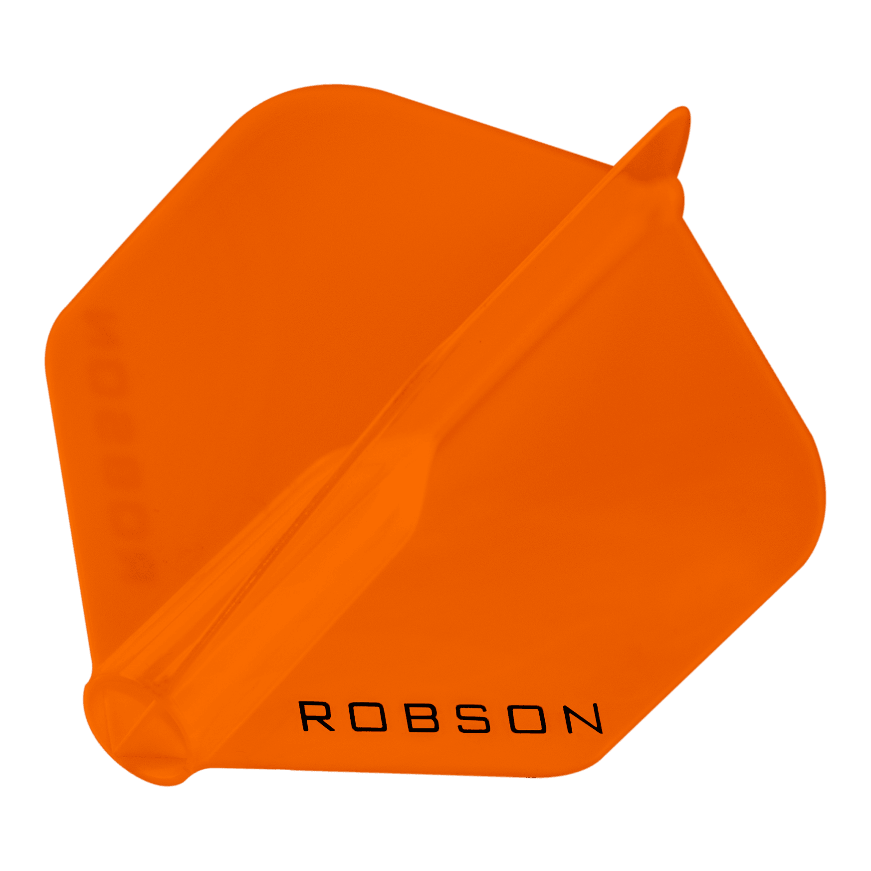 Plumas Robson Plus - Estándar Das Bild zeigt ein orangefarbenes Dart-Flügel mit der Aufschrift "ROBSON". Er hat eine sechseckige Form und ist transparent.