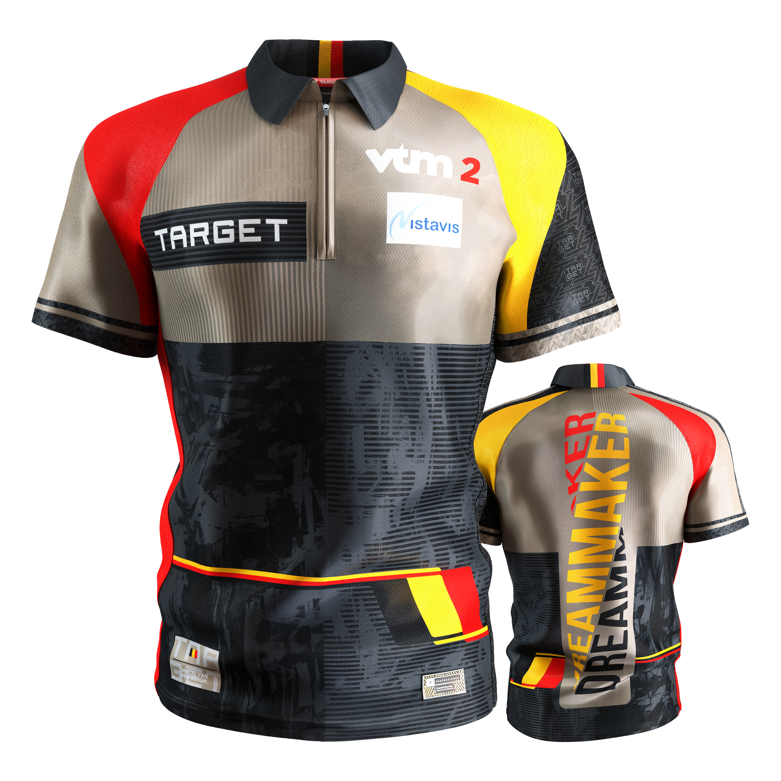 Camiseta dardos Target Coolplay Dimitri Van Den Bergh 2025 Das Bild zeigt das "Target Coolplay Dimitri Van Den Bergh 2025 Dartshirt" von vorne und hinten. Das Shirt ist bunt gestaltet mit den Farben Schwarz, Rot, Gelb und Beige und trägt verschiedene Logos sowie den Schriftzug "DREAMMAKER" auf der Rückseite.