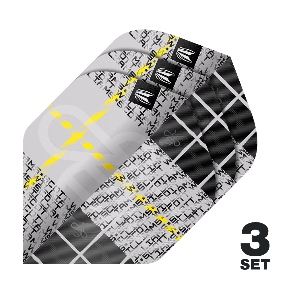 Target Pro Ultra Scott Williams GEN2 No2 Vuelos Estándar - 3 juegos Das Bild zeigt drei Sets der Target Pro Ultra Scott Williams GEN2 No2 Standard Flights. Die Flights haben ein schwarz-graues Muster mit gelben Linien und weißen Schriftzügen.