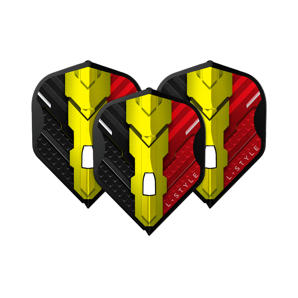 Vuelos L-Style V-Series V1 Tipo C Bélgica Negro L1PRO Das Bild zeigt drei Dart Flights des Modells "L-Style V-Series V1 Type C Belgium Black L1PRO". Die Flights sind in den Farben Schwarz, Gelb und Rot gestaltet und tragen das Logo "L-STYLE".
